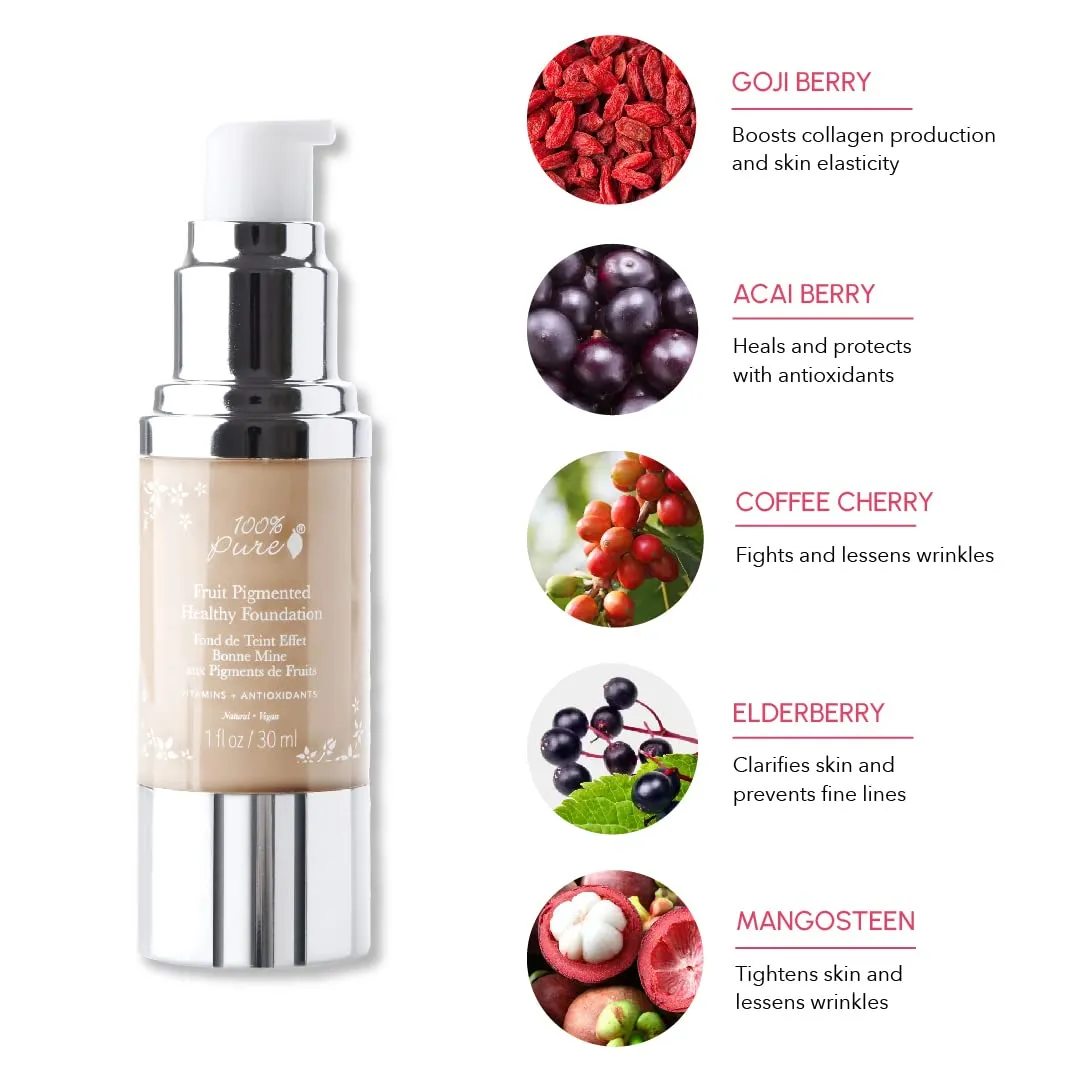 100% PURE Healthy Foundation Full Face Coverage Makeup, Liquid Matte Finish with Anti-Aging Benefits - Vegan Gorgeous Fruit Pigmented White Peach Color (Light with Warm Undertone) - 1 Fl Oz