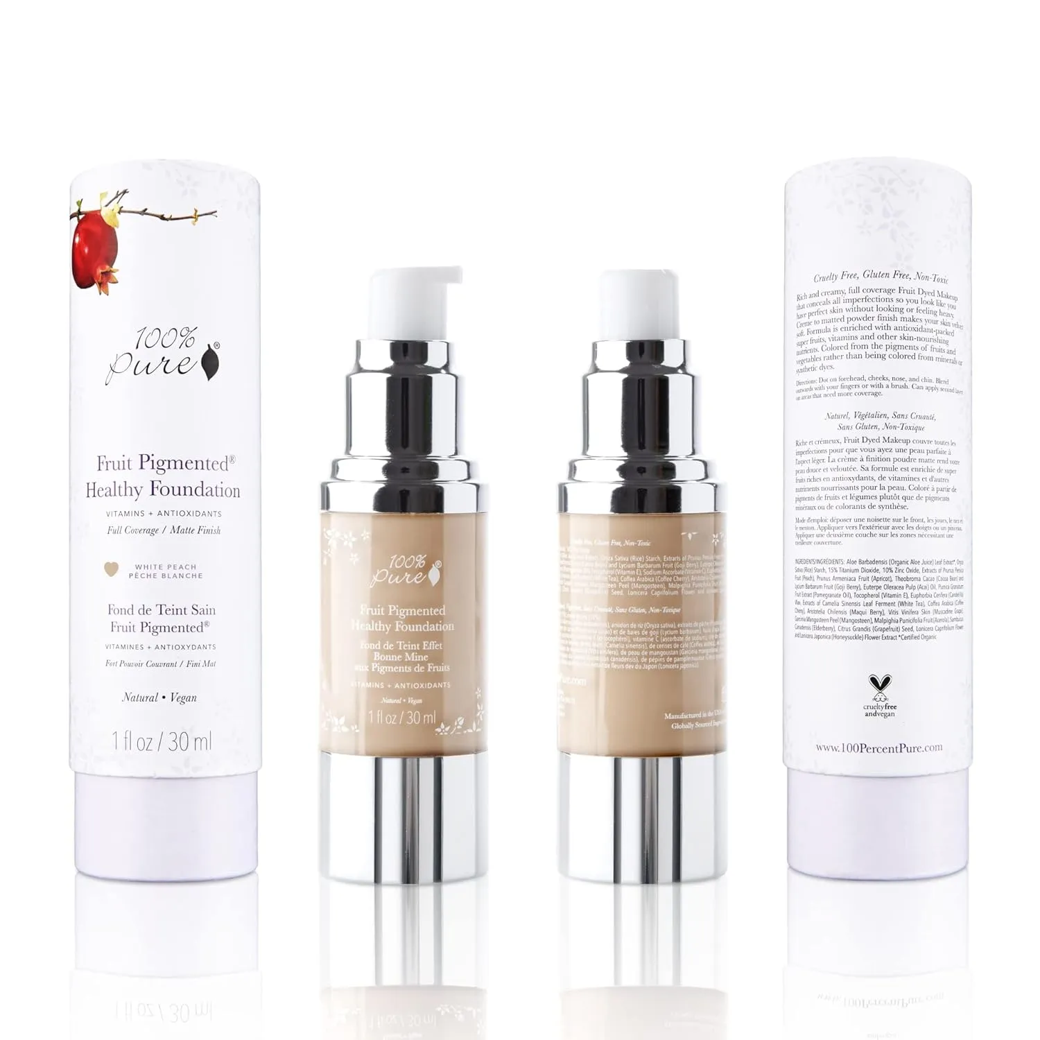 100% PURE Healthy Foundation Full Face Coverage Makeup, Liquid Matte Finish with Anti-Aging Benefits - Vegan Gorgeous Fruit Pigmented White Peach Color (Light with Warm Undertone) - 1 Fl Oz