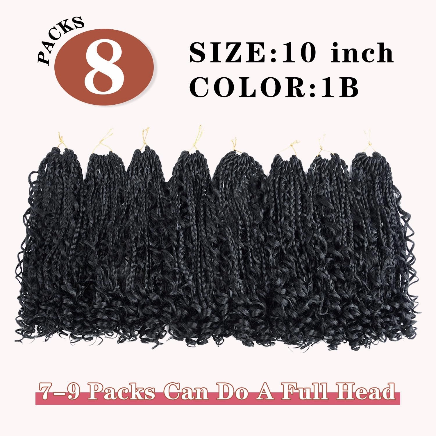 10 Inch Goddess Boho Box Braids Crochet Hair for Black Women 8 Packs Pre Looped Crochet Braids Hair 3X Bob Box Braiding Hair With Curls Synthetic Twists Hair Extensions (12strands/pack;1B#)