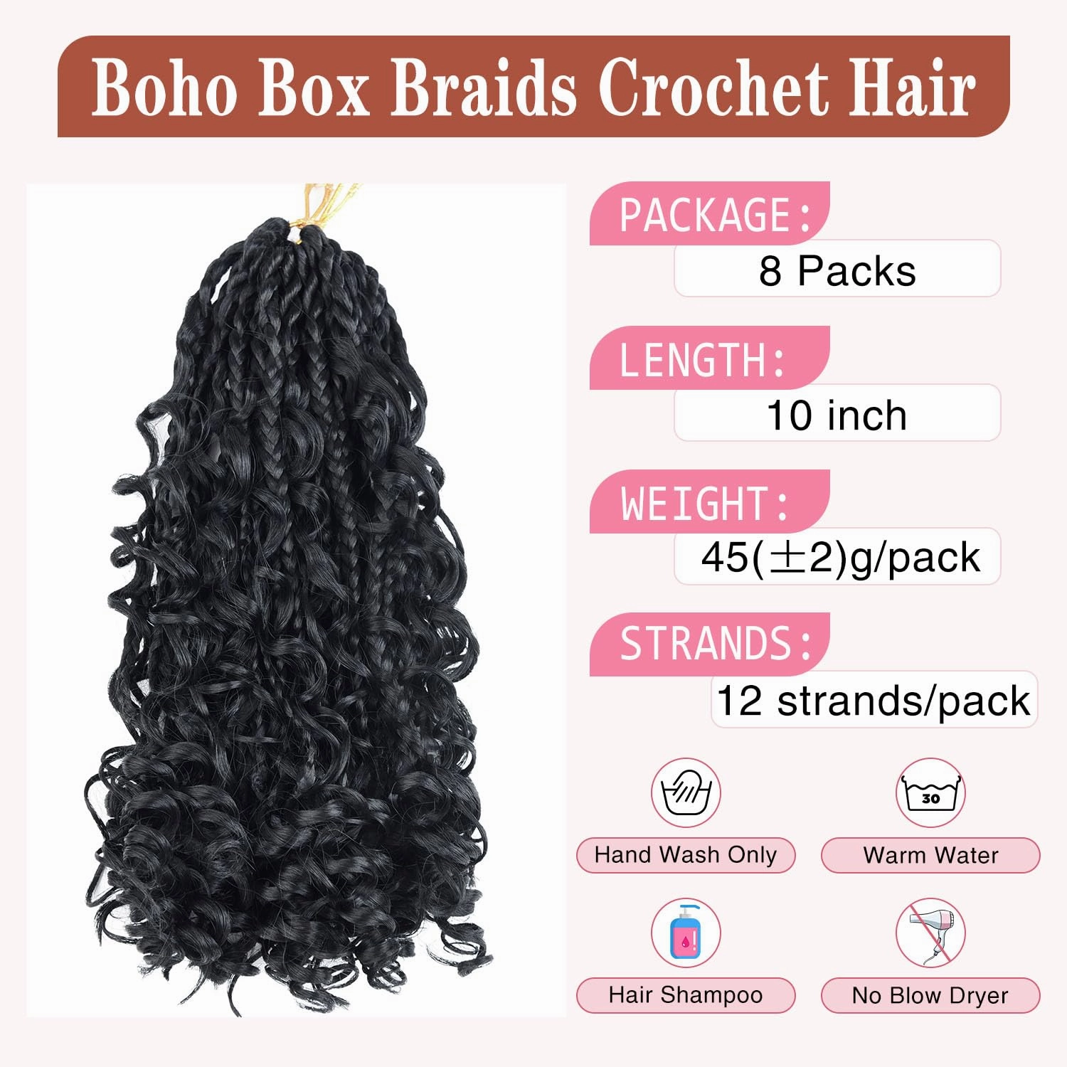10 Inch Goddess Boho Box Braids Crochet Hair for Black Women 8 Packs Pre Looped Crochet Braids Hair 3X Bob Box Braiding Hair With Curls Synthetic Twists Hair Extensions (12strands/pack;1B#)