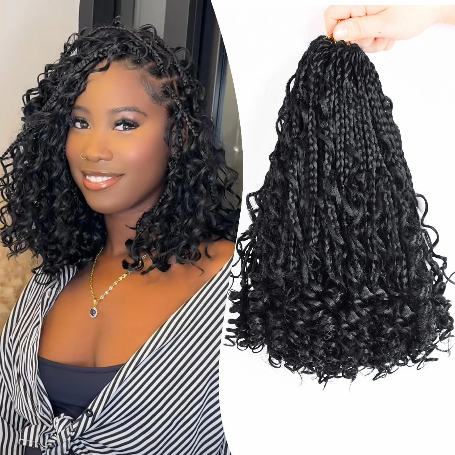 10 Inch Goddess Boho Box Braids Crochet Hair for Black Women 8 Packs Pre Looped Crochet Braids Hair 3X Bob Box Braiding Hair With Curls Synthetic Twists Hair Extensions (12strands/pack;1B#)