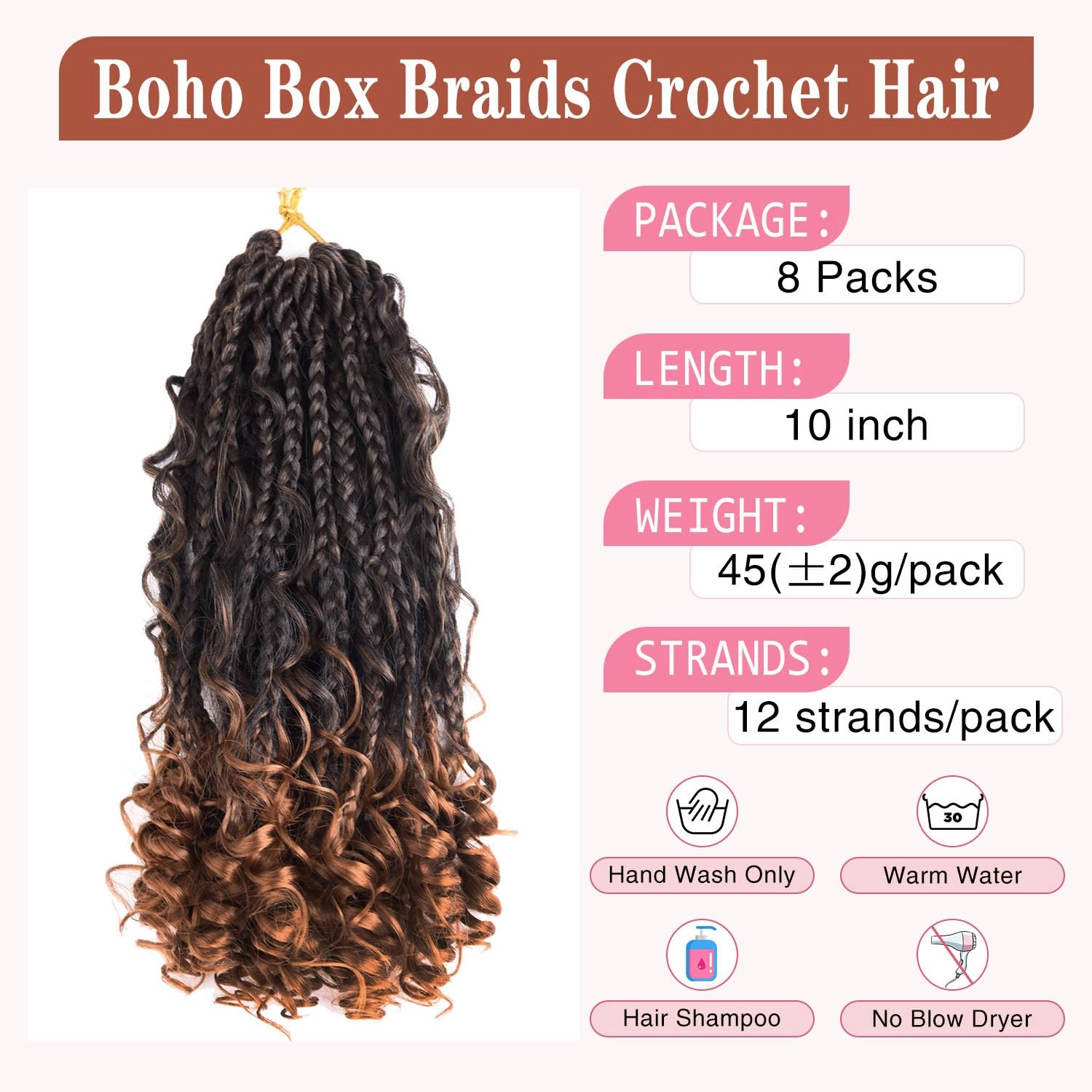 10 Inch Goddess Box Braids Crochet Hair for Black Women With Curl Ends, 8 Packs Pre Looped Crochet 3X Bob Boho Box Braids Synthetic Bohomian Twists Braiding Hair Extensions (12strands/pack;1B/30#)