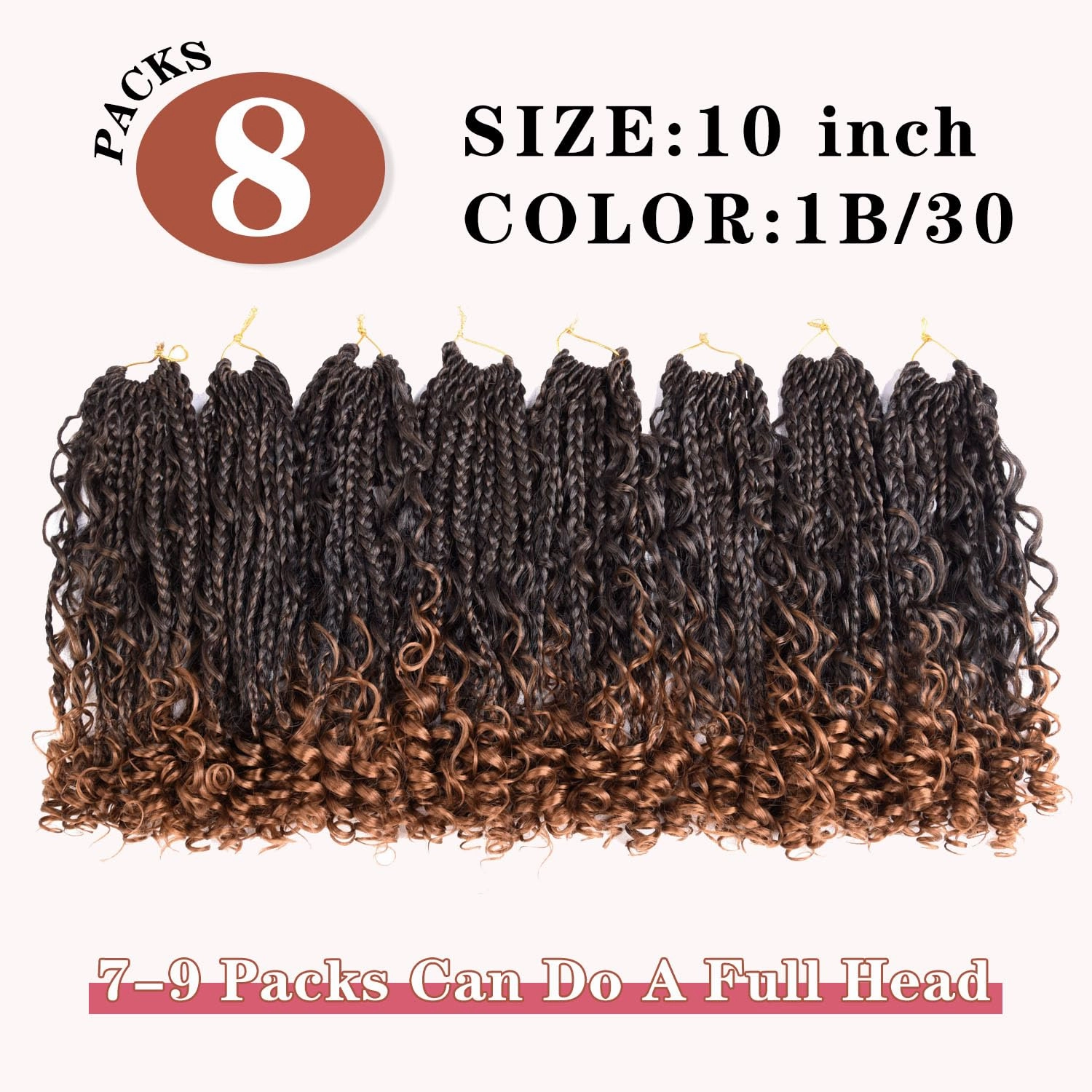10 Inch Goddess Box Braids Crochet Hair for Black Women With Curl Ends, 8 Packs Pre Looped Crochet 3X Bob Boho Box Braids Synthetic Bohomian Twists Braiding Hair Extensions (12strands/pack;1B/30#)