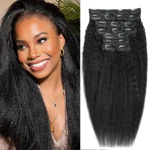 12 Inch Kinky Straight Clip in Hair Extensions Human Hair Yaki Straight Double Weft Clip Ins Human Hair Extension Seamless Clip ins for Black Women 8Pcs 100g 20Clips Natural Black