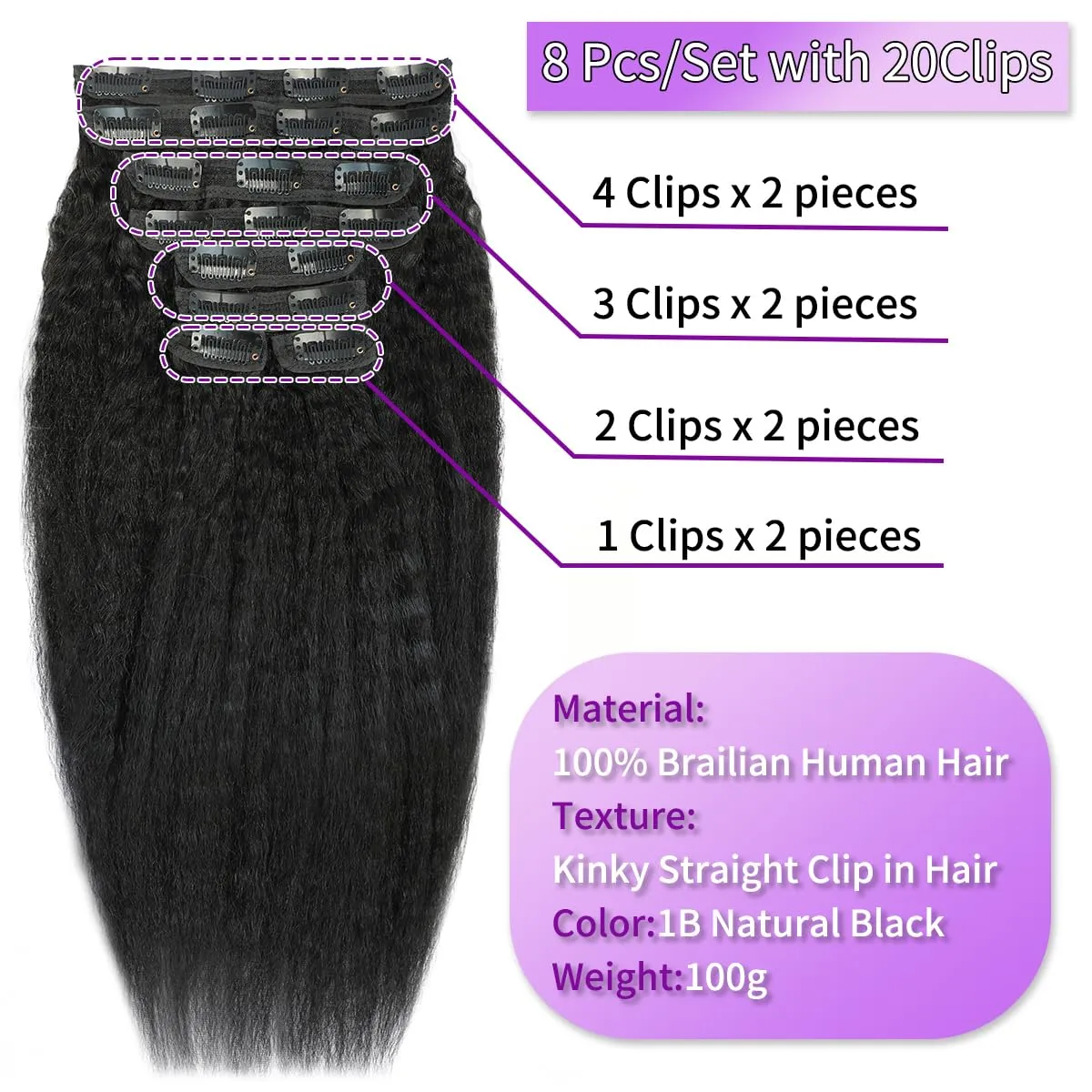 12 Inch Kinky Straight Clip in Hair Extensions Human Hair Yaki Straight Double Weft Clip Ins Human Hair Extension Seamless Clip ins for Black Women 8Pcs 100g 20Clips Natural Black
