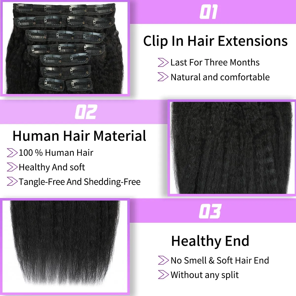 12 Inch Kinky Straight Clip in Hair Extensions Human Hair Yaki Straight Double Weft Clip Ins Human Hair Extension Seamless Clip ins for Black Women 8Pcs 100g 20Clips Natural Black