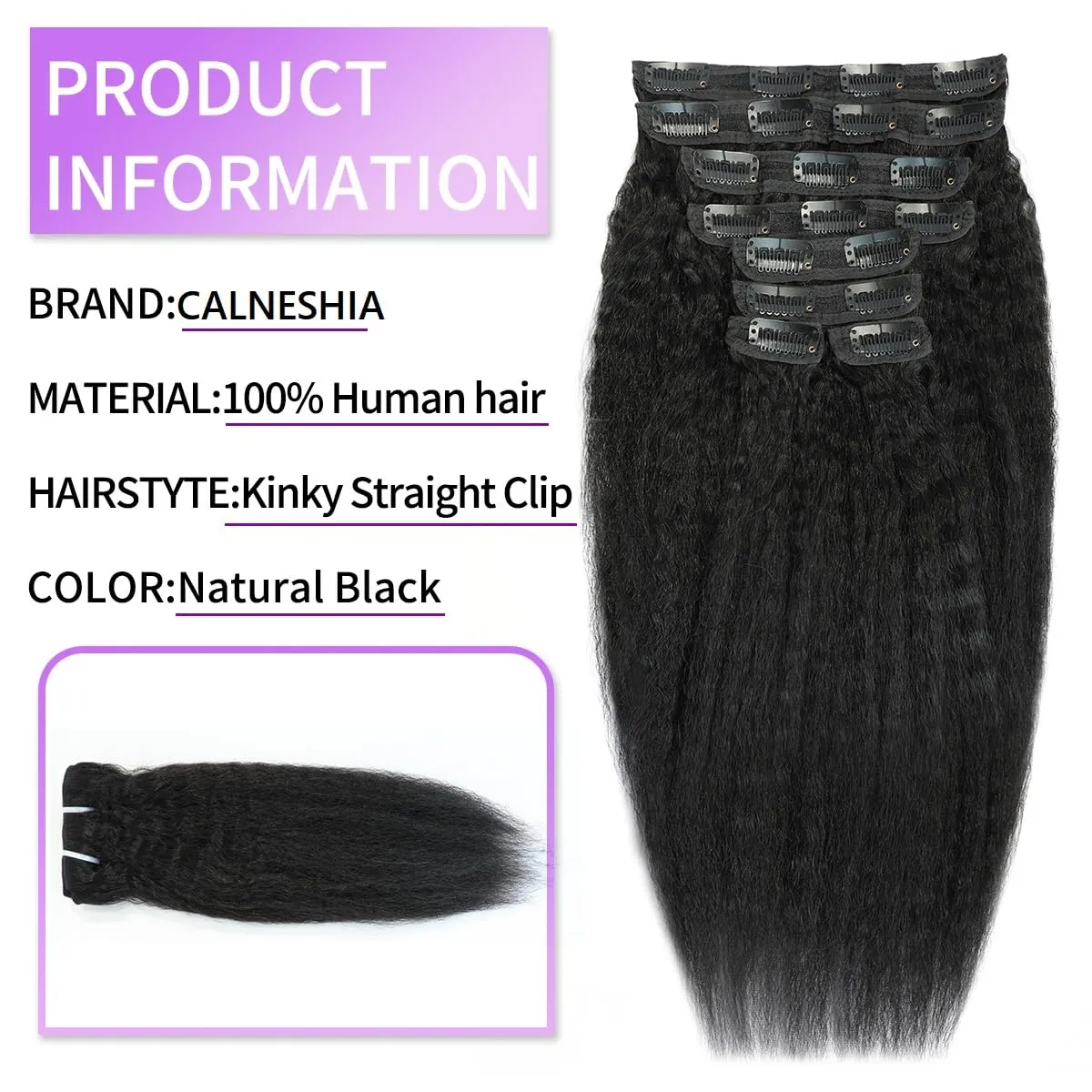 12 Inch Kinky Straight Clip in Hair Extensions Human Hair Yaki Straight Double Weft Clip Ins Human Hair Extension Seamless Clip ins for Black Women 8Pcs 100g 20Clips Natural Black