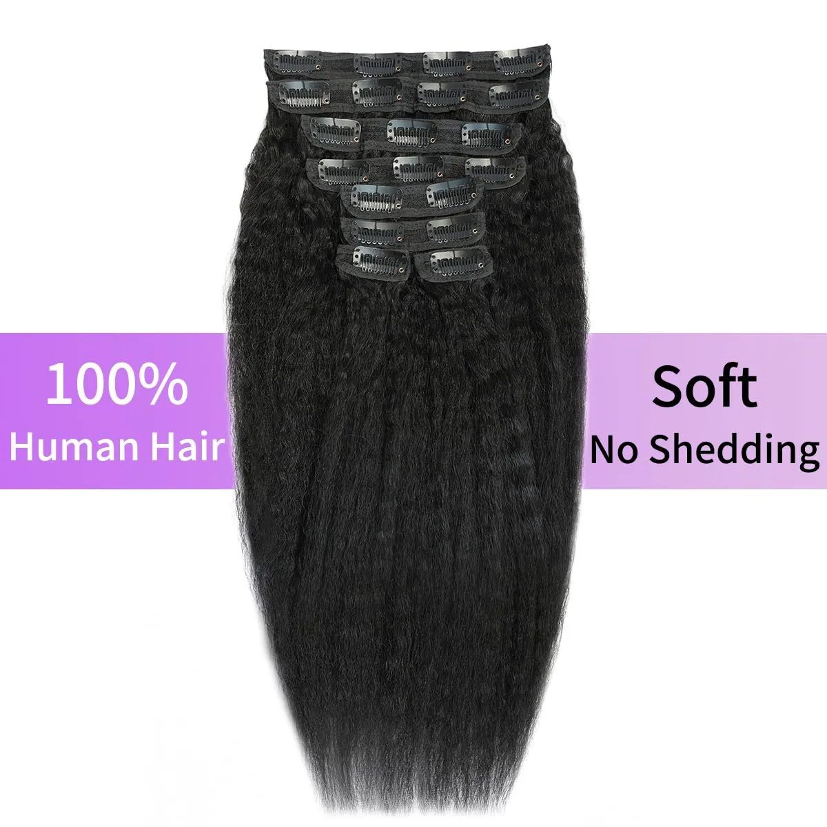 12 Inch Kinky Straight Clip in Hair Extensions Human Hair Yaki Straight Double Weft Clip Ins Human Hair Extension Seamless Clip ins for Black Women 8Pcs 100g 20Clips Natural Black