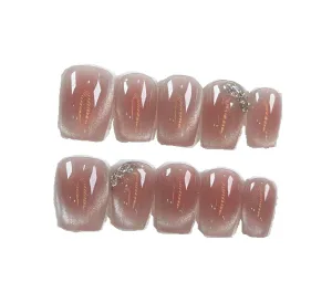 122 Fuyao dream cat eye dark plum blush gentle light therapy wear nail art, finished fake gold leaf nail patch, wear nails, fake nails (Short ladder 15mm, M)