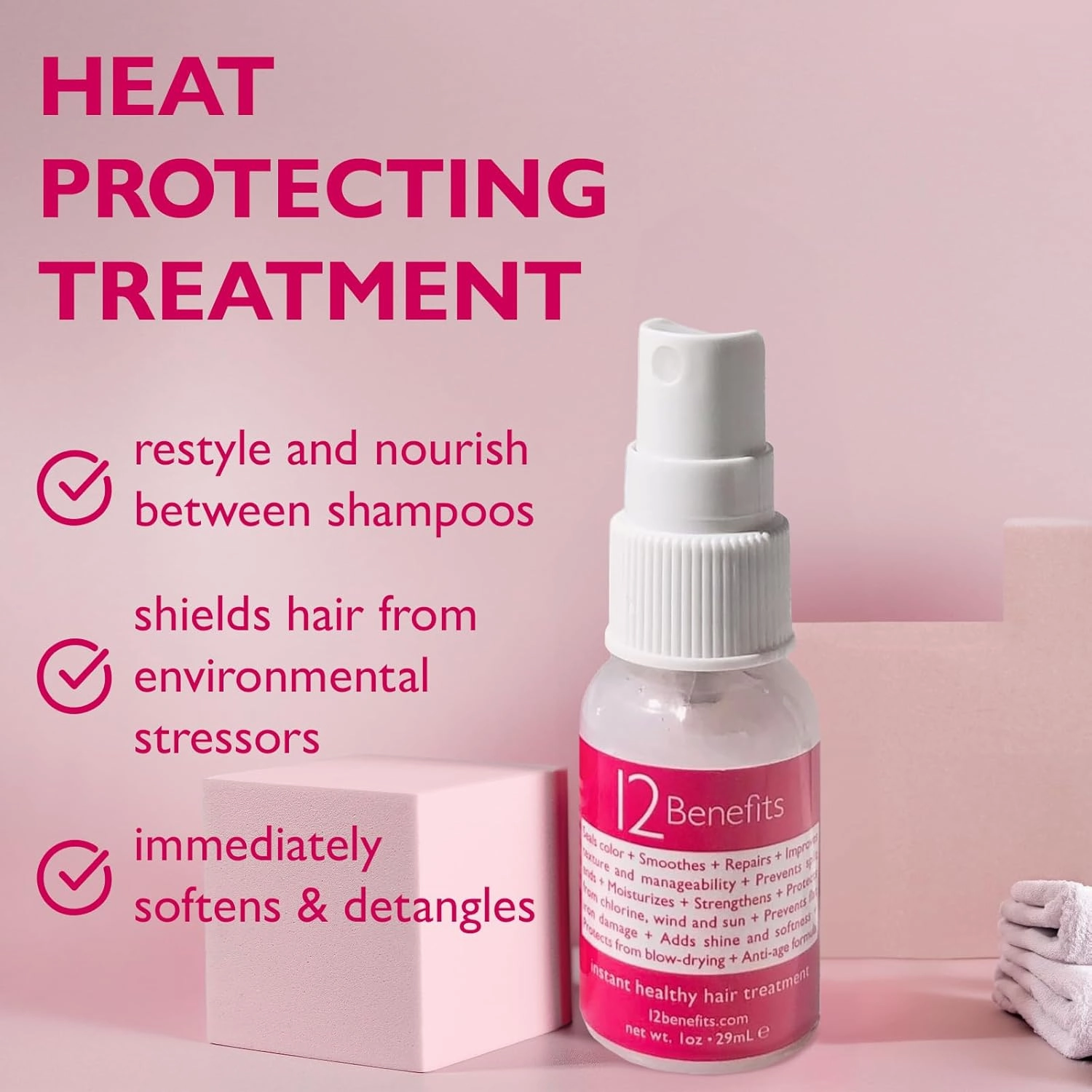 12 Benefits Instant Healthy Hair Treatment - Leave In Conditioner Travel Size Spray, Quaternium 39 & Silk Fibre Protein - Smooths Frizz, Strengthens & Repairs Damaged Hair, (1 Fl Oz)