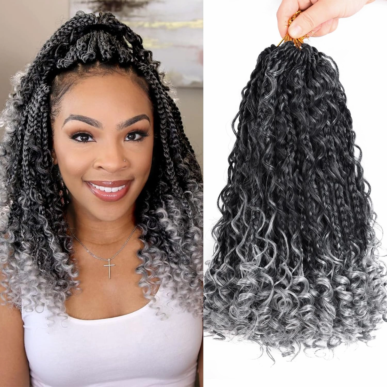 12 Inch Goddess Box Braids Crochet Hair for Black Women With Curl Ends 8 Packs Pre Looped Crochet 3X Bob Boho Box Braids Synthetic Bohomian Twists Braiding Hair Extensions (12strands/pack;TGrey#)