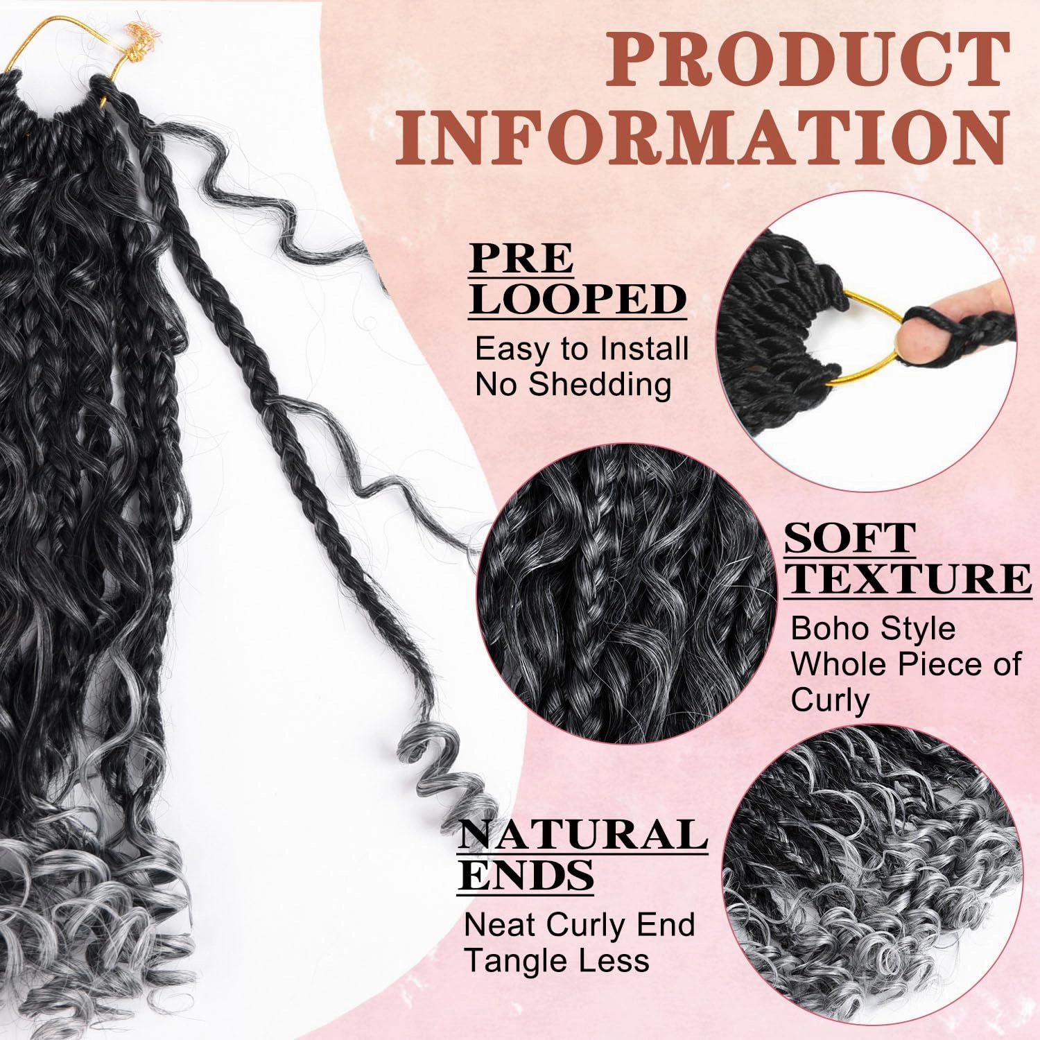 12 Inch Goddess Box Braids Crochet Hair for Black Women With Curl Ends 8 Packs Pre Looped Crochet 3X Bob Boho Box Braids Synthetic Bohomian Twists Braiding Hair Extensions (12strands/pack;TGrey#)