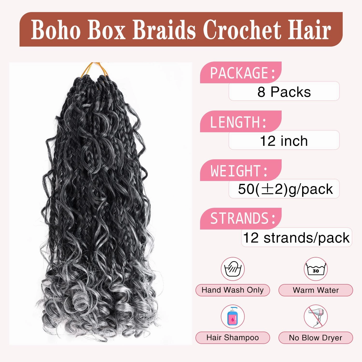 12 Inch Goddess Box Braids Crochet Hair for Black Women With Curl Ends 8 Packs Pre Looped Crochet 3X Bob Boho Box Braids Synthetic Bohomian Twists Braiding Hair Extensions (12strands/pack;TGrey#)