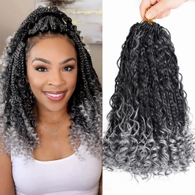 12 Inch Goddess Box Braids Crochet Hair for Black Women With Curl Ends 8 Packs Pre Looped Crochet 3X Bob Boho Box Braids Synthetic Bohomian Twists Braiding Hair Extensions (12strands/pack;TGrey#)