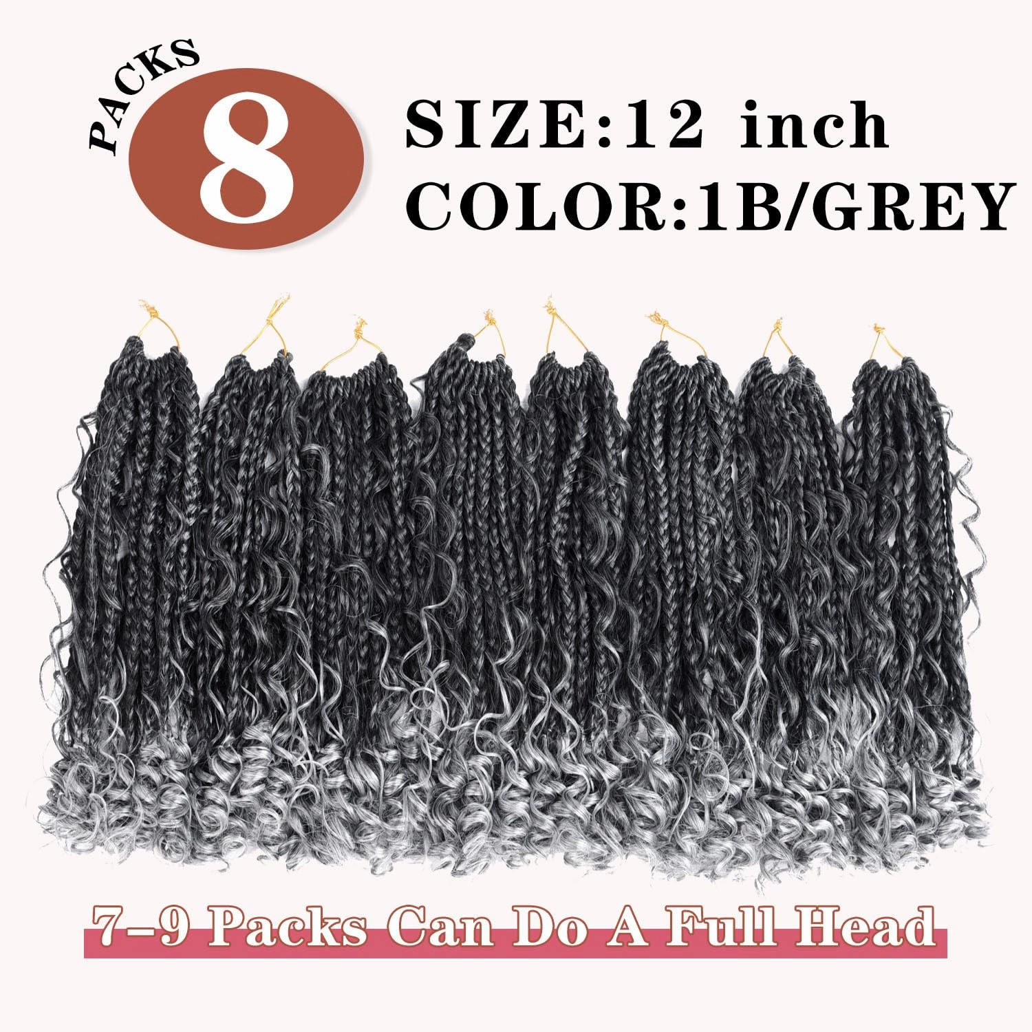 12 Inch Goddess Box Braids Crochet Hair for Black Women With Curl Ends 8 Packs Pre Looped Crochet 3X Bob Boho Box Braids Synthetic Bohomian Twists Braiding Hair Extensions (12strands/pack;TGrey#)