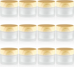 12 Pcs Frosted Glass Cream Jars Refillable Cosmetic Containers Sample Jar with Plastic Wood Grain Lids for Lotion Cream Eyeshadow - 50g/1.7oz