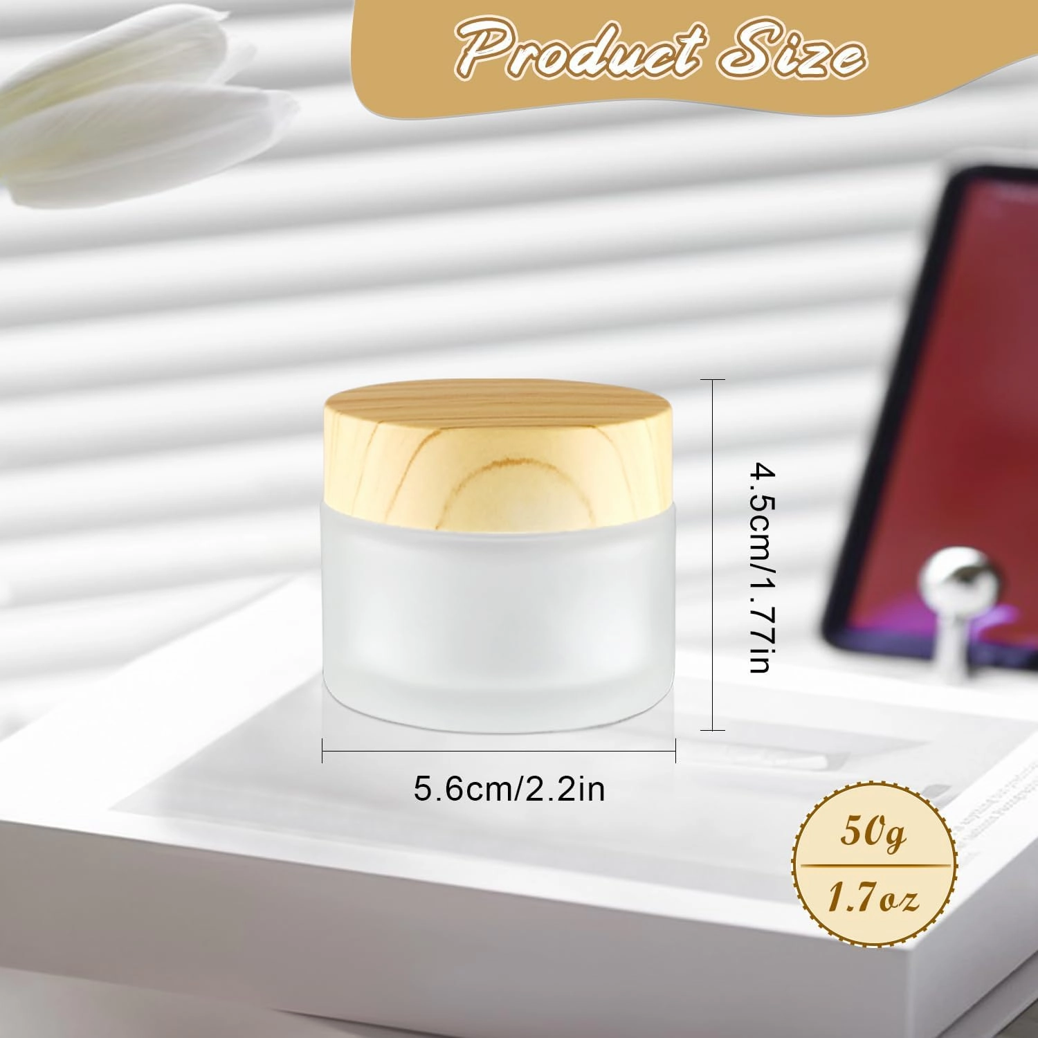 12 Pcs Frosted Glass Cream Jars Refillable Cosmetic Containers Sample Jar with Plastic Wood Grain Lids for Lotion Cream Eyeshadow - 50g/1.7oz
