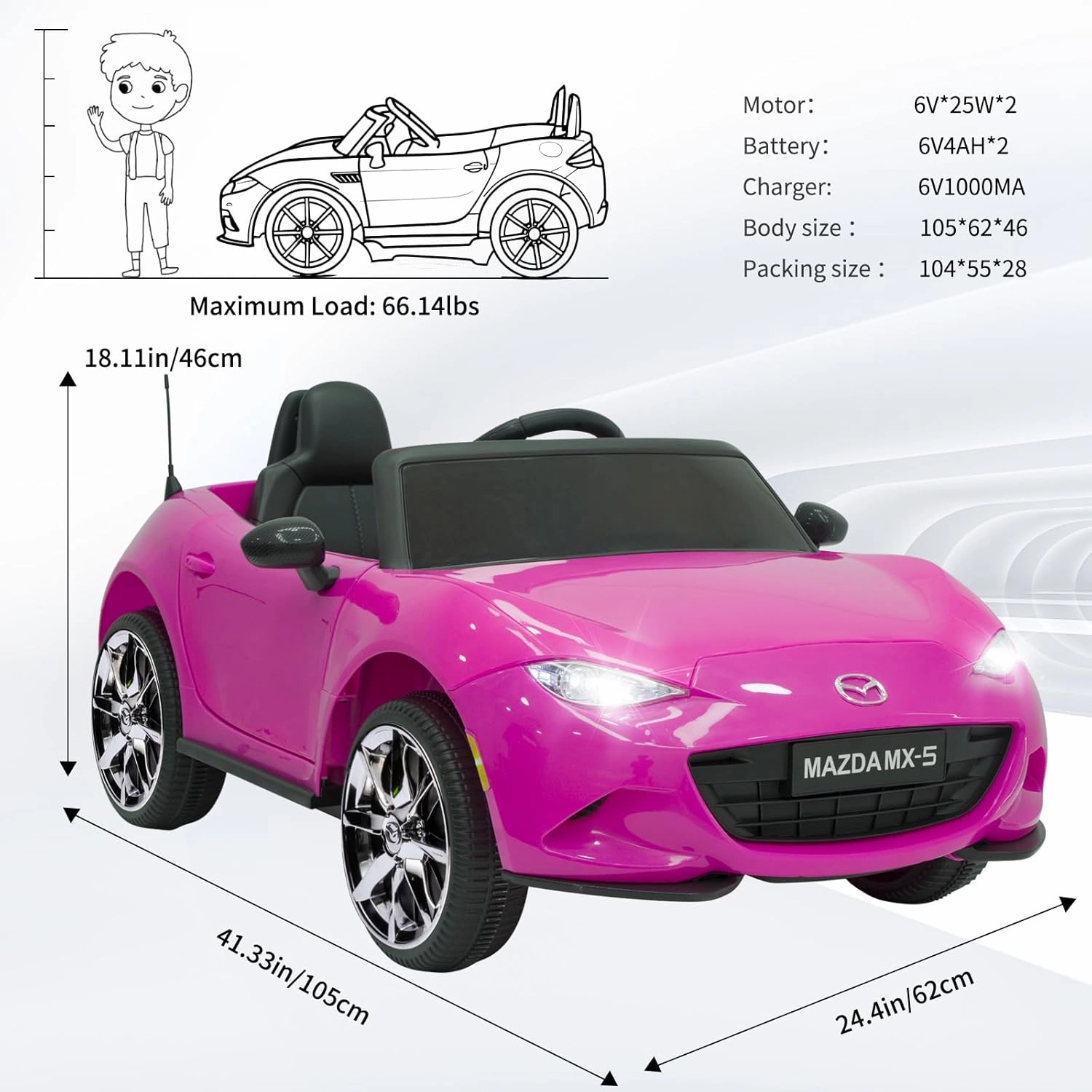 12V Mazda MX-5 Kids Electric Car-Kids Car to Drive with Parent Remote Control, Shock Absorption & Swing Mode,Licensed Ride-On Toy for Ages 3-8 (Pink)