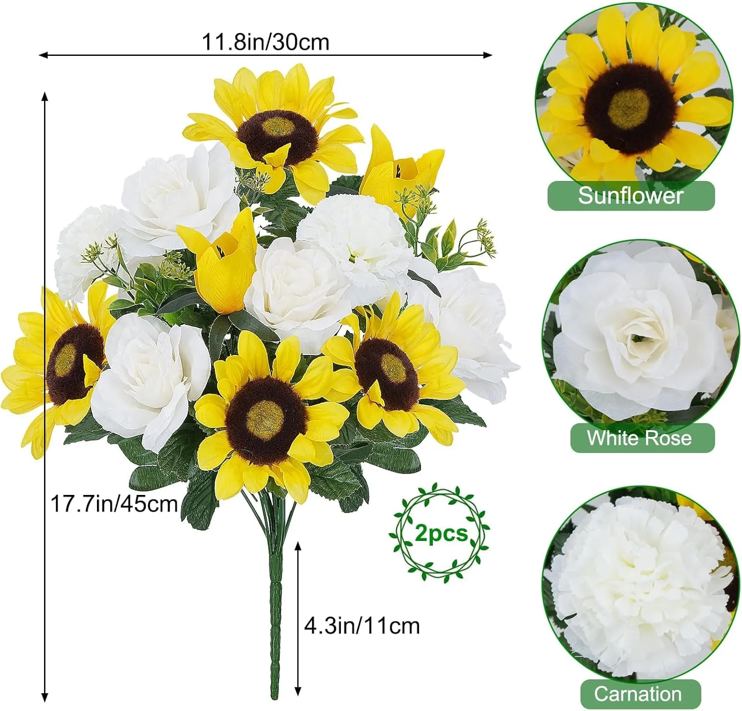 17.7Inch Silk Yellow Sunflowers Artificial 2 Bundles - Fake Summer Outdoor Grave Flowers for Cemetery, White Faux Spring Carnations & Rose for Table Centerpieces