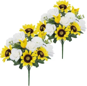 17.7Inch Silk Yellow Sunflowers Artificial 2 Bundles - Fake Summer Outdoor Grave Flowers for Cemetery, White Faux Spring Carnations & Rose for Table Centerpieces