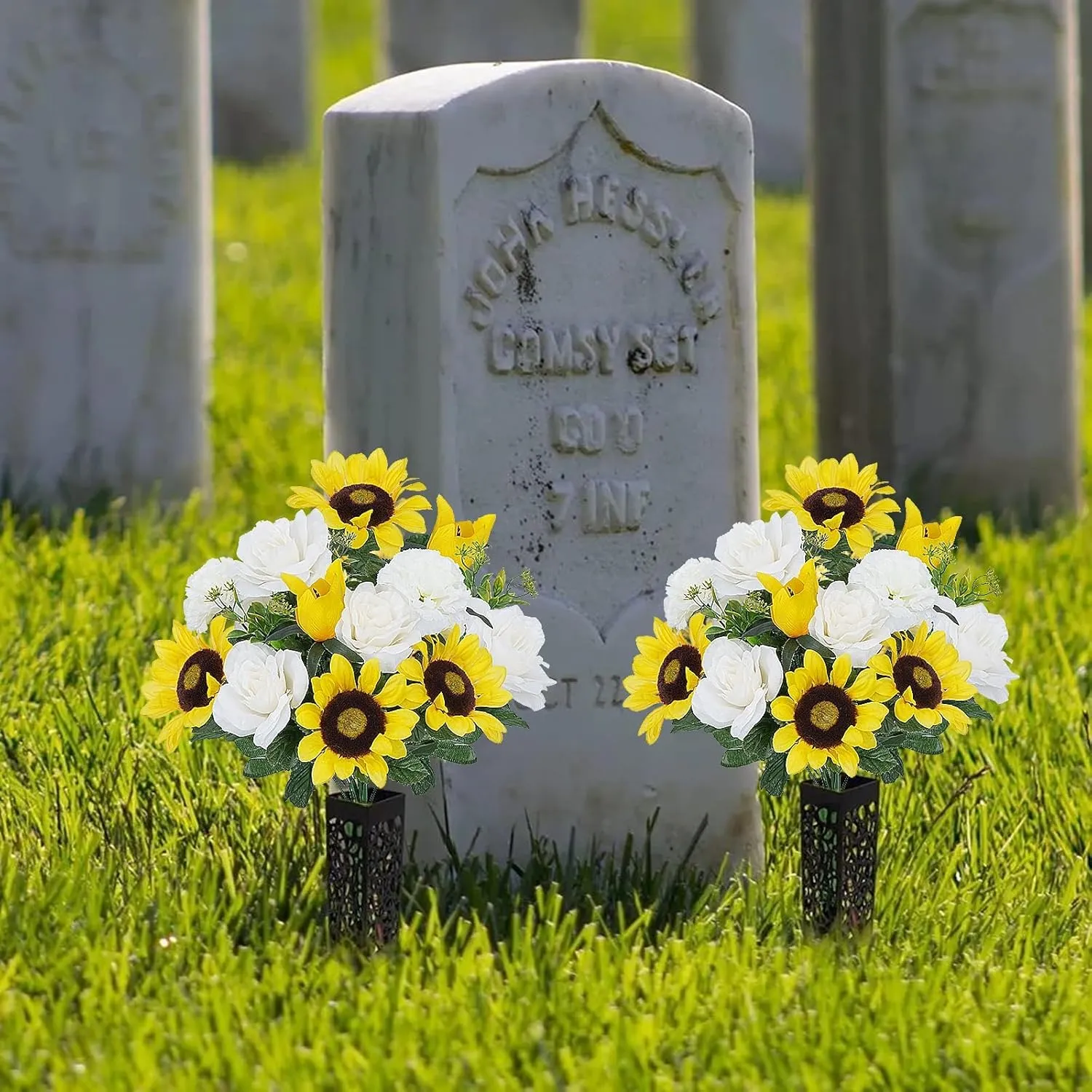 17.7Inch Silk Yellow Sunflowers Artificial 2 Bundles - Fake Summer Outdoor Grave Flowers for Cemetery, White Faux Spring Carnations & Rose for Table Centerpieces