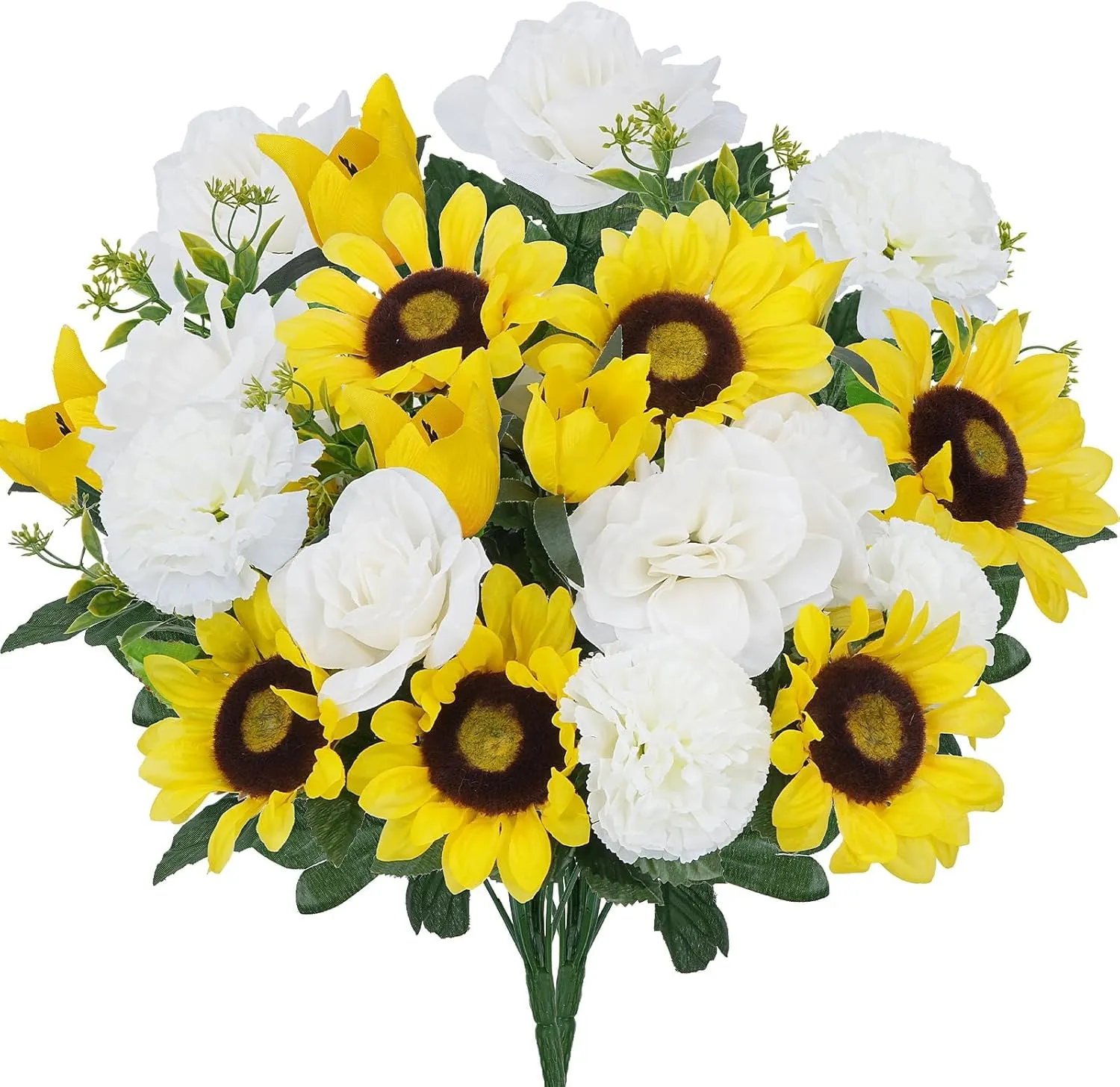 17.7Inch Silk Yellow Sunflowers Artificial 2 Bundles - Fake Summer Outdoor Grave Flowers for Cemetery, White Faux Spring Carnations & Rose for Table Centerpieces
