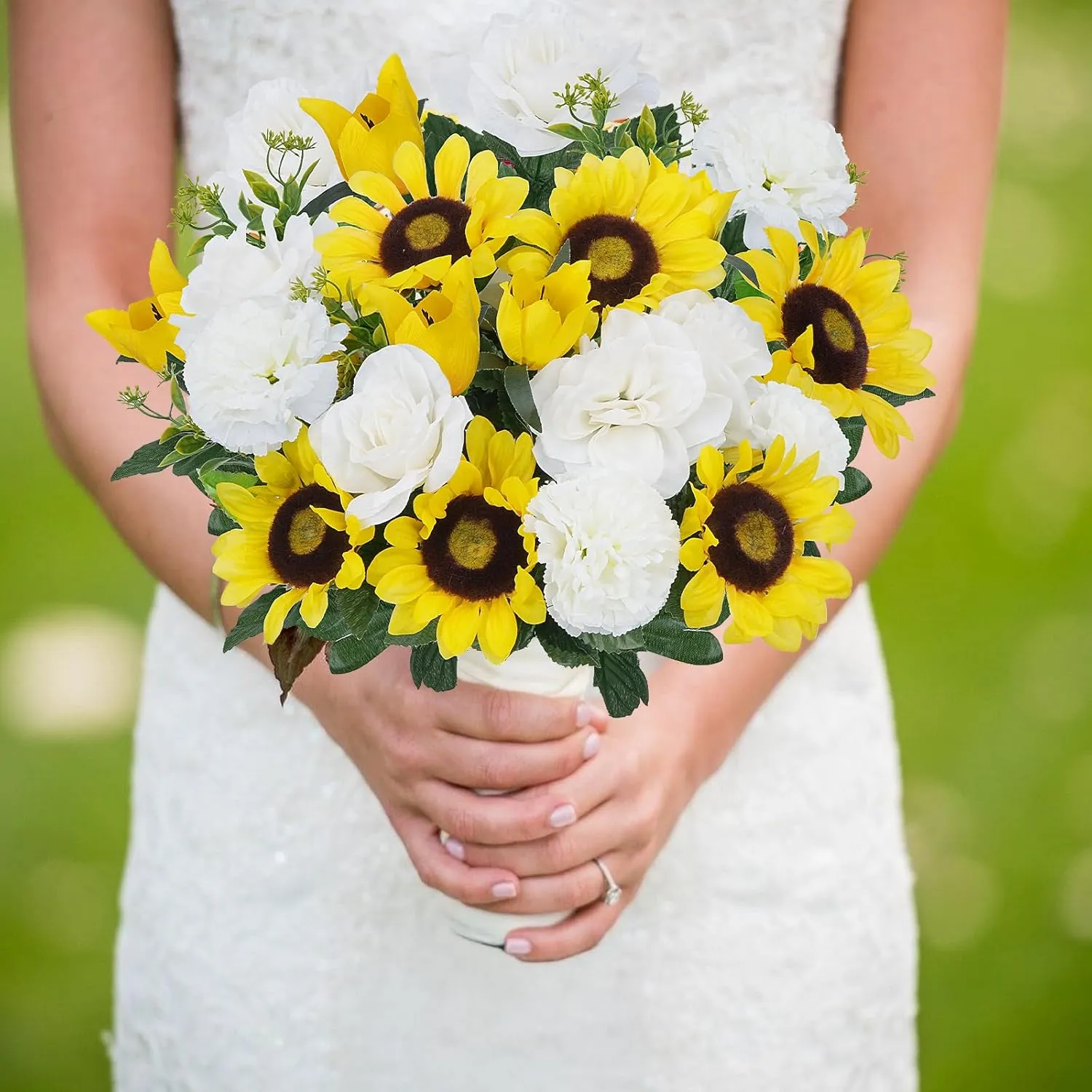 17.7Inch Silk Yellow Sunflowers Artificial 2 Bundles - Fake Summer Outdoor Grave Flowers for Cemetery, White Faux Spring Carnations & Rose for Table Centerpieces