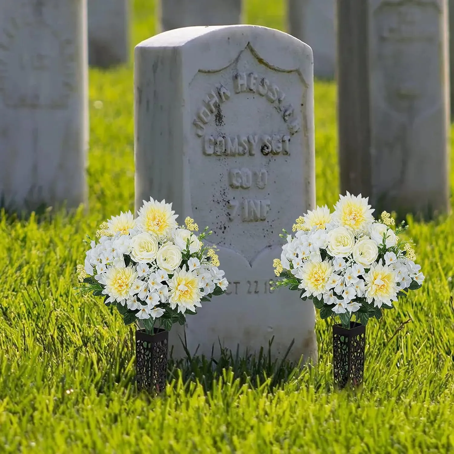 17.7Inch Spring Grave Flowers for Cemetery, 2 Bundles White Faux Silk Hydrangea, Peonies & Daisy Artificial Flowers for Outdoor Garden Decor, Wedding Centerpieces, Home Vase Arrangements