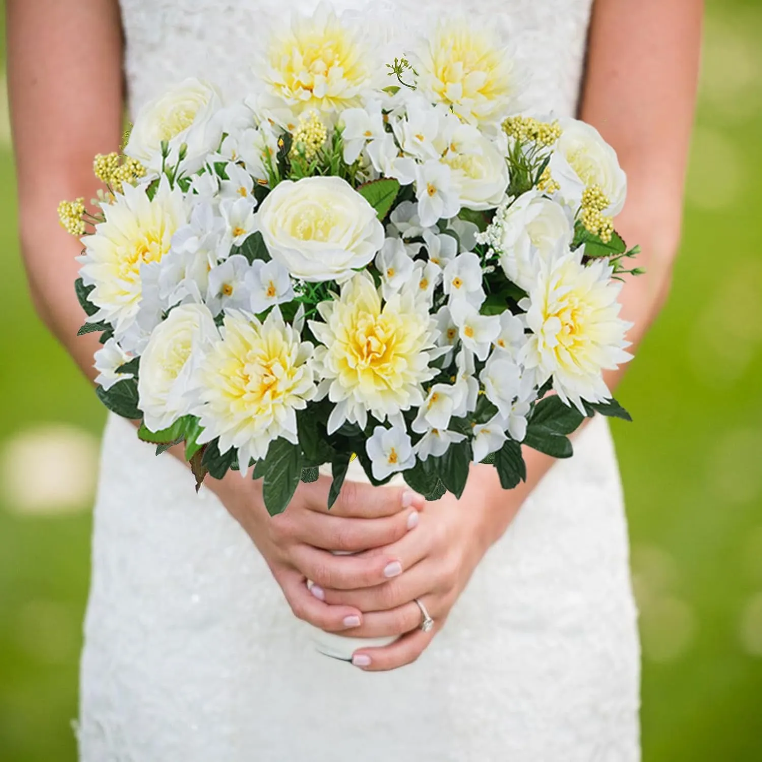 17.7Inch Spring Grave Flowers for Cemetery, 2 Bundles White Faux Silk Hydrangea, Peonies & Daisy Artificial Flowers for Outdoor Garden Decor, Wedding Centerpieces, Home Vase Arrangements