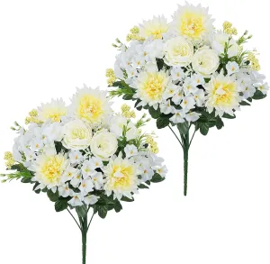 17.7Inch Spring Grave Flowers for Cemetery, 2 Bundles White Faux Silk Hydrangea, Peonies & Daisy Artificial Flowers for Outdoor Garden Decor, Wedding Centerpieces, Home Vase Arrangements