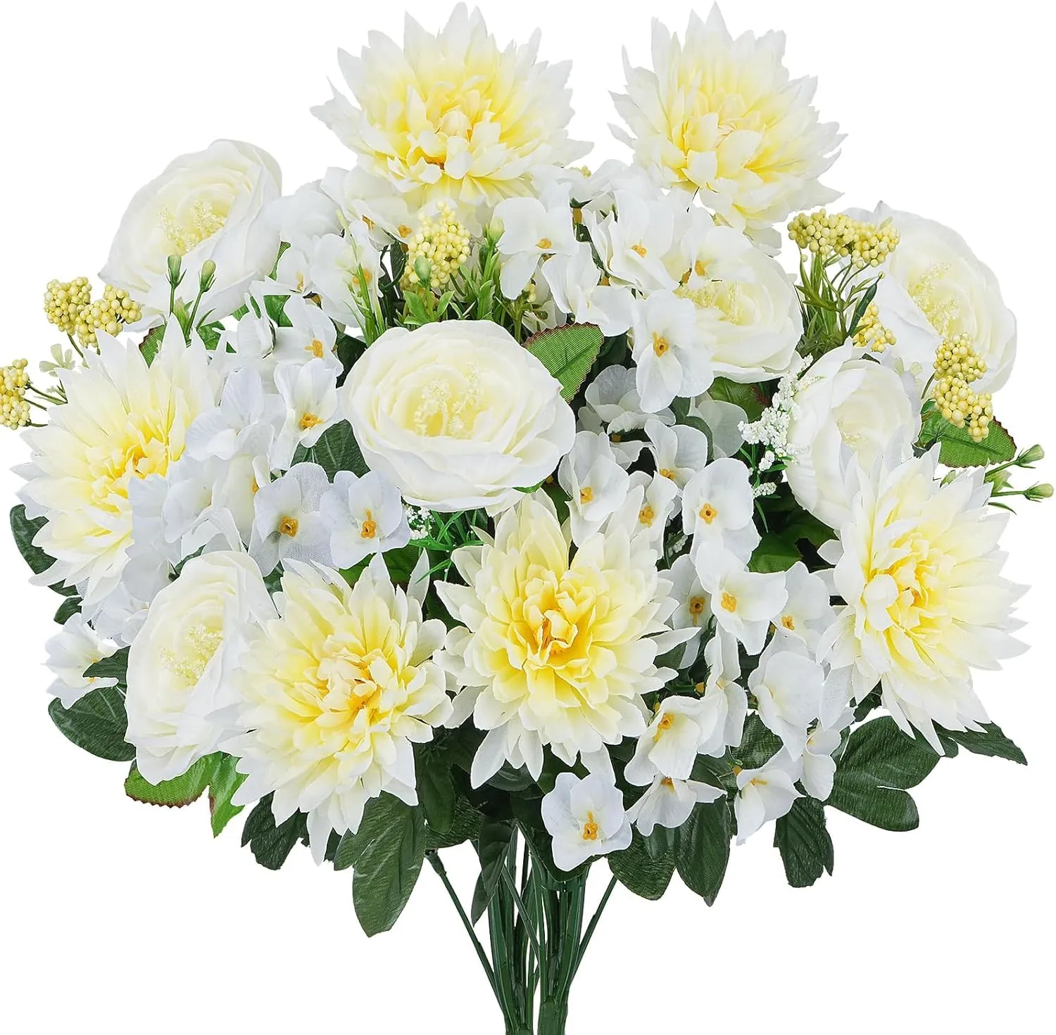 17.7Inch Spring Grave Flowers for Cemetery, 2 Bundles White Faux Silk Hydrangea, Peonies & Daisy Artificial Flowers for Outdoor Garden Decor, Wedding Centerpieces, Home Vase Arrangements