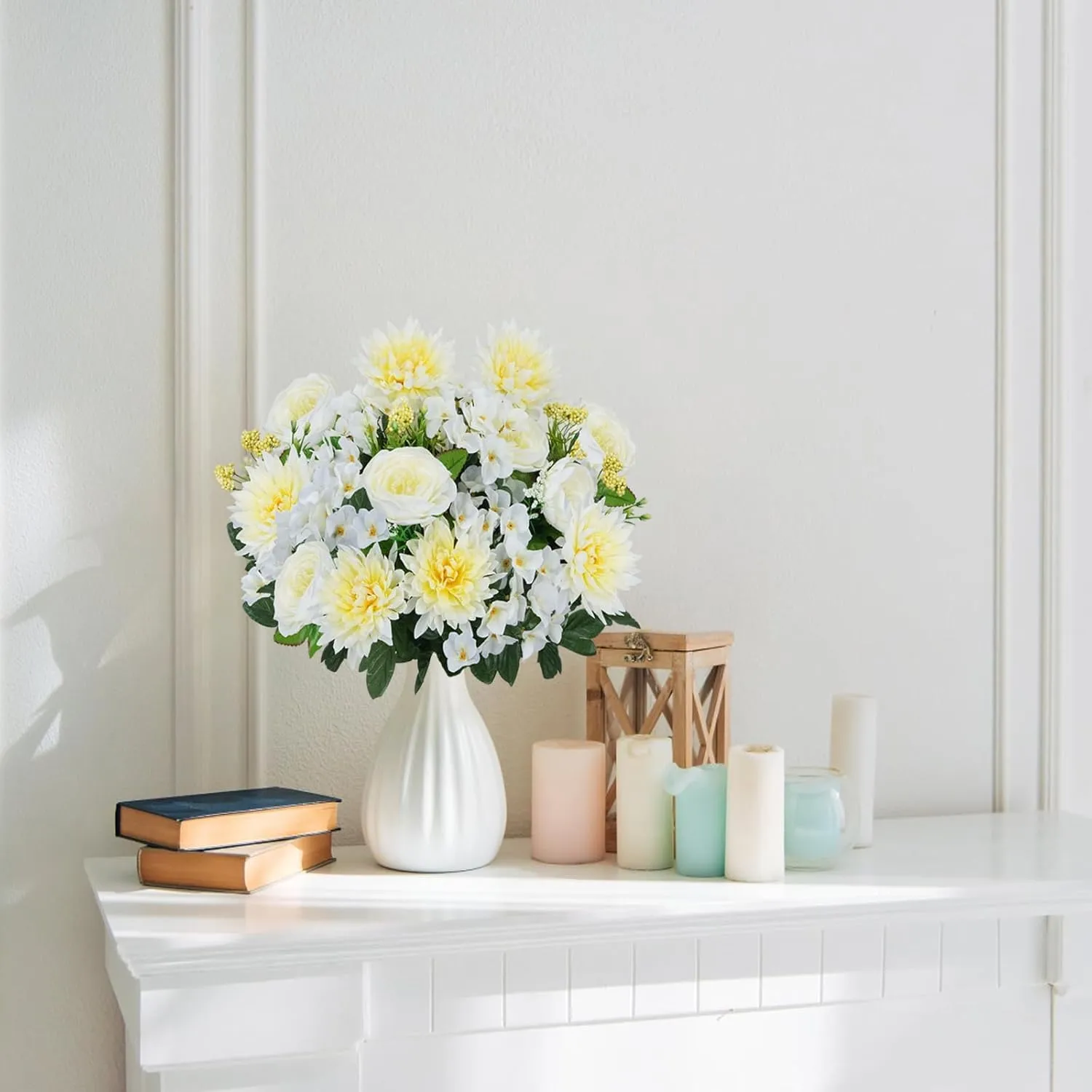 17.7Inch Spring Grave Flowers for Cemetery, 2 Bundles White Faux Silk Hydrangea, Peonies & Daisy Artificial Flowers for Outdoor Garden Decor, Wedding Centerpieces, Home Vase Arrangements