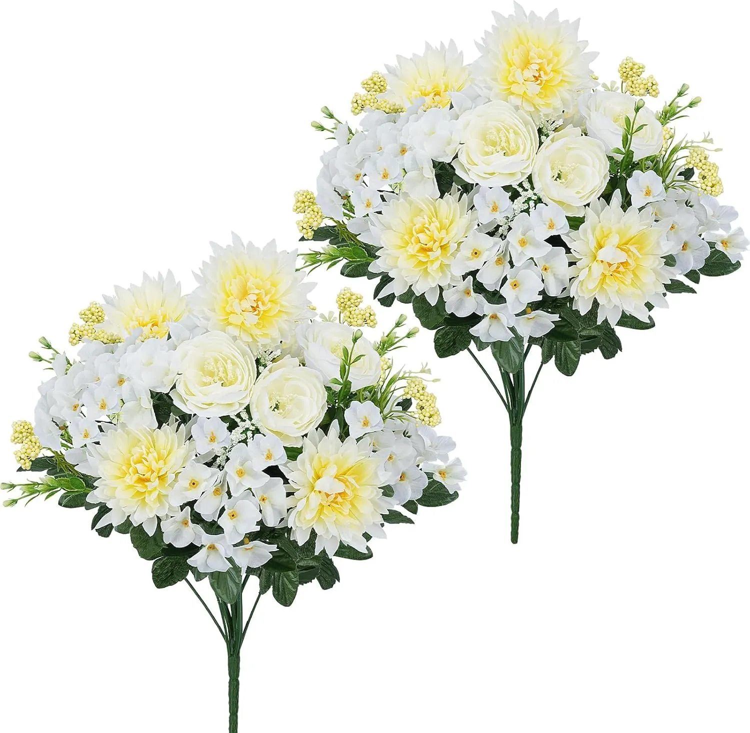 17.7Inch Spring Grave Flowers for Cemetery, 2 Bundles White Faux Silk Hydrangea, Peonies & Daisy Artificial Flowers for Outdoor Garden Decor, Wedding Centerpieces, Home Vase Arrangements