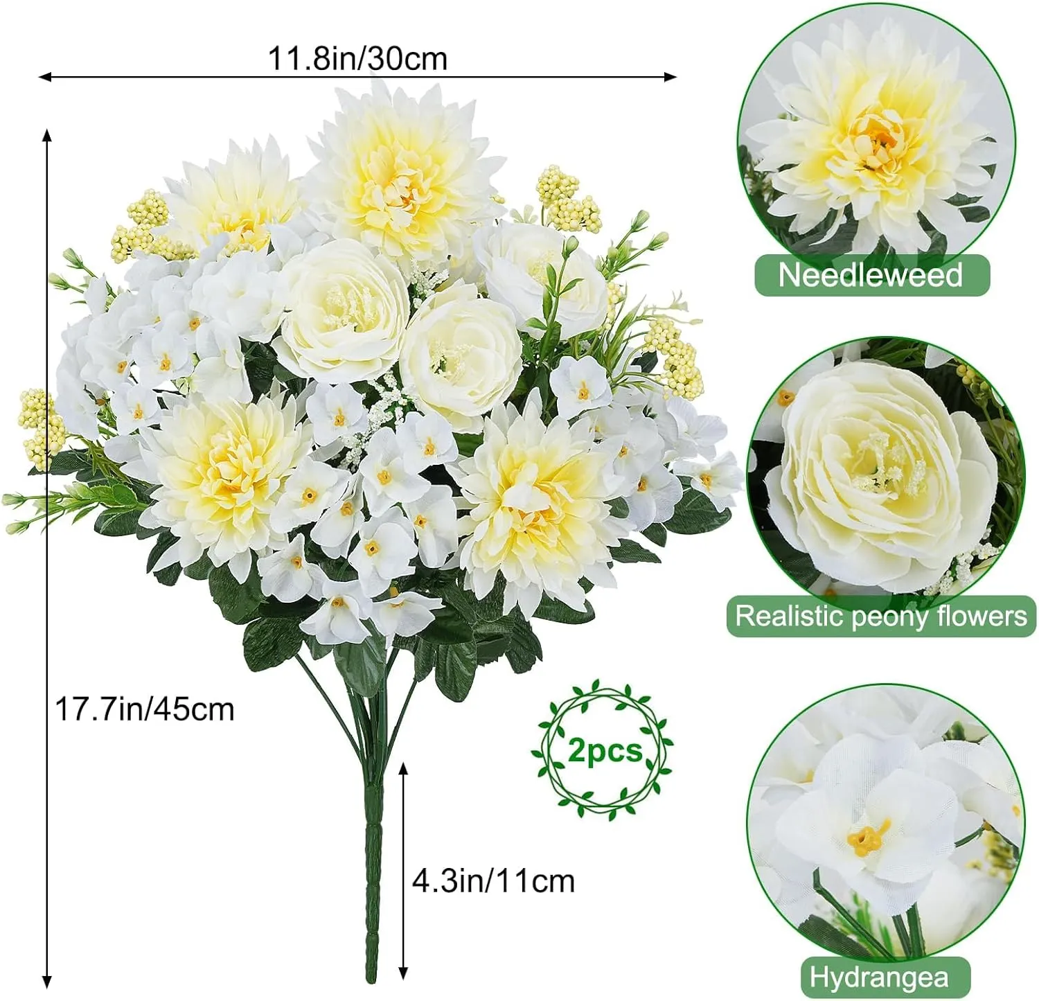 17.7Inch Spring Grave Flowers for Cemetery, 2 Bundles White Faux Silk Hydrangea, Peonies & Daisy Artificial Flowers for Outdoor Garden Decor, Wedding Centerpieces, Home Vase Arrangements
