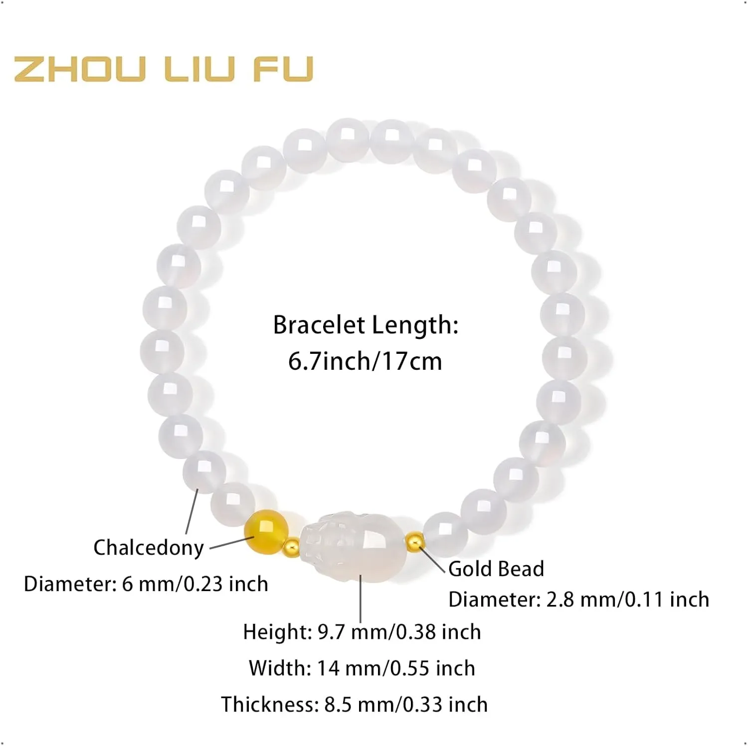 18K Gold Bracelets Chalcedony Beaded Bracelet Pixiu Charm Bracelet Natural Round White/Pink/Green Chalcedony Red Agate Gemstone Stretch Bracelets Healing Bracelet for Women Mom Lover