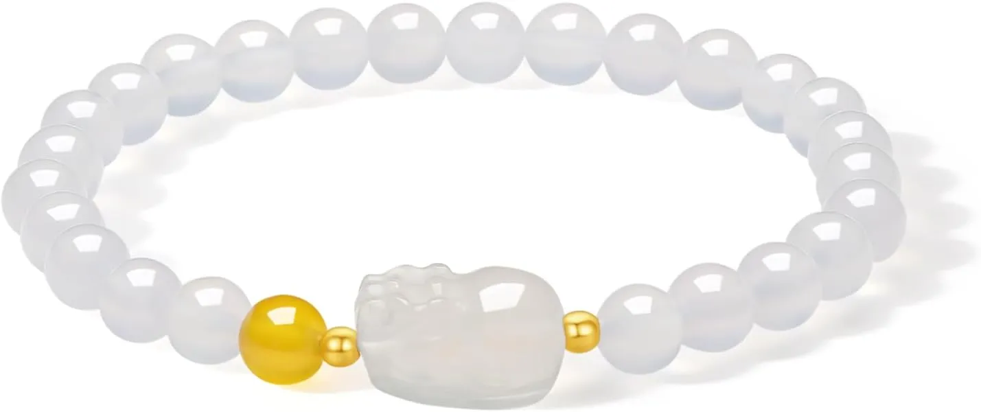 18K Gold Bracelets Chalcedony Beaded Bracelet Pixiu Charm Bracelet Natural Round White/Pink/Green Chalcedony Red Agate Gemstone Stretch Bracelets Healing Bracelet for Women Mom Lover