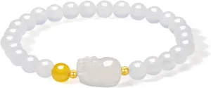 18K Gold Bracelets Chalcedony Beaded Bracelet Pixiu Charm Bracelet Natural Round White/Pink/Green Chalcedony Red Agate Gemstone Stretch Bracelets Healing Bracelet for Women Mom Lover