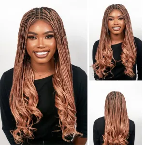 18" Full 360 HD Transparent Lace Front Knotless Braided French Curl Wig with Baby Hair and curly tips - Synthetic hand-made box braids wig for black women Strawberry blond