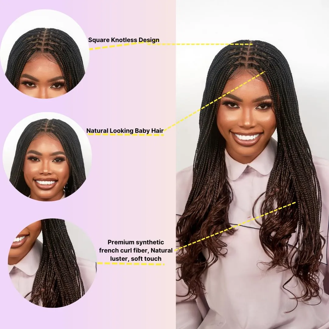 18" Full 360 HD Transparent Lace Front Knotless Braided French Curl Wig with Baby Hair and curly tips - Synthetic hand-made box braids wig for black women Strawberry blond