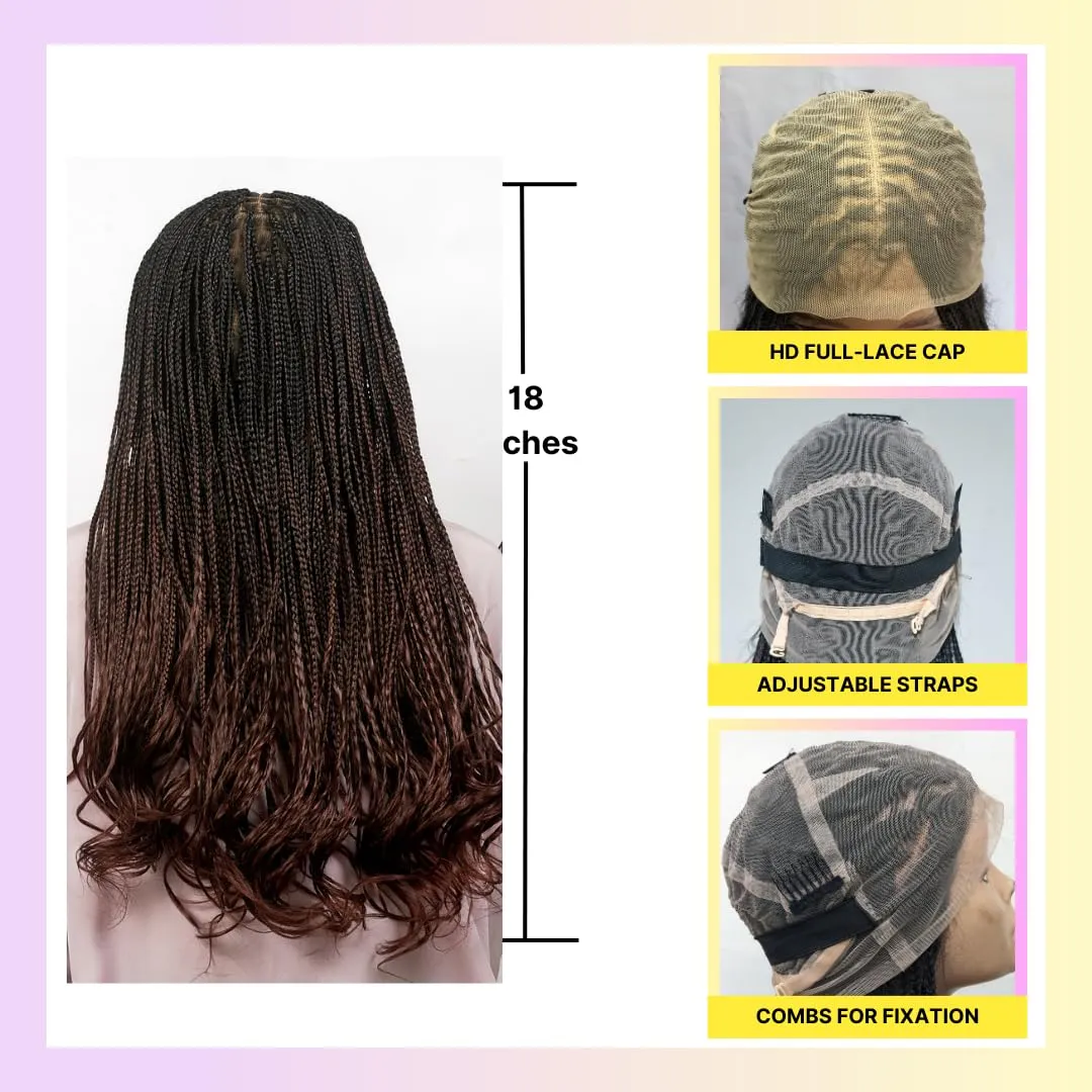 18" Full 360 HD Transparent Lace Front Knotless Braided French Curl Wig with Baby Hair and curly tips - Synthetic hand-made box braids wig for black women Strawberry blond