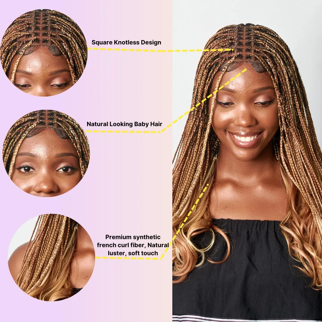 18" Full 360 HD Transparent Lace Front Knotless Braided French Curl Wig with Baby Hair and curly tips - Synthetic hand-made box braids wig for black women Strawberry blond