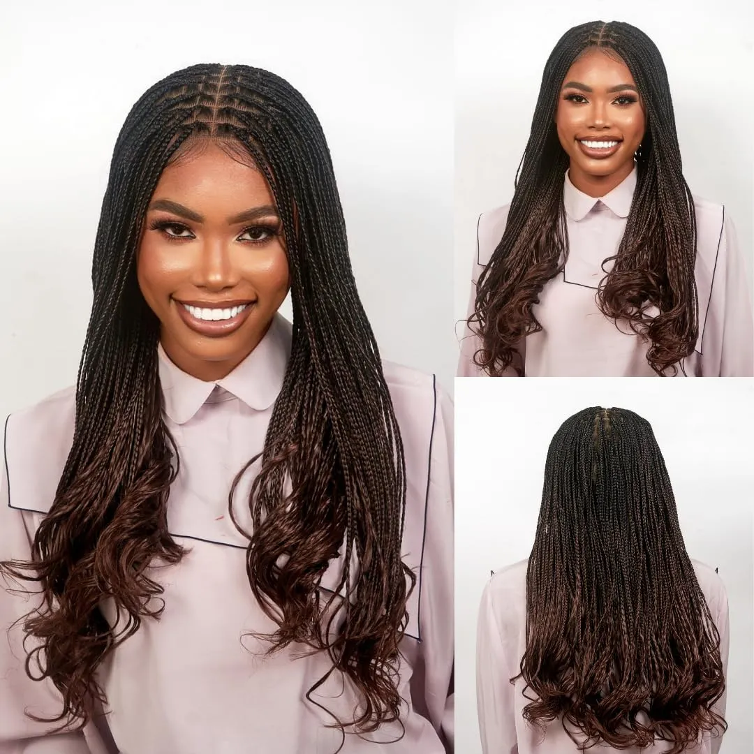 18" Full 360 HD Transparent Lace Front Knotless Braided French Curl Wig with Baby Hair and curly tips - Synthetic hand-made box braids wig for black women Strawberry blond