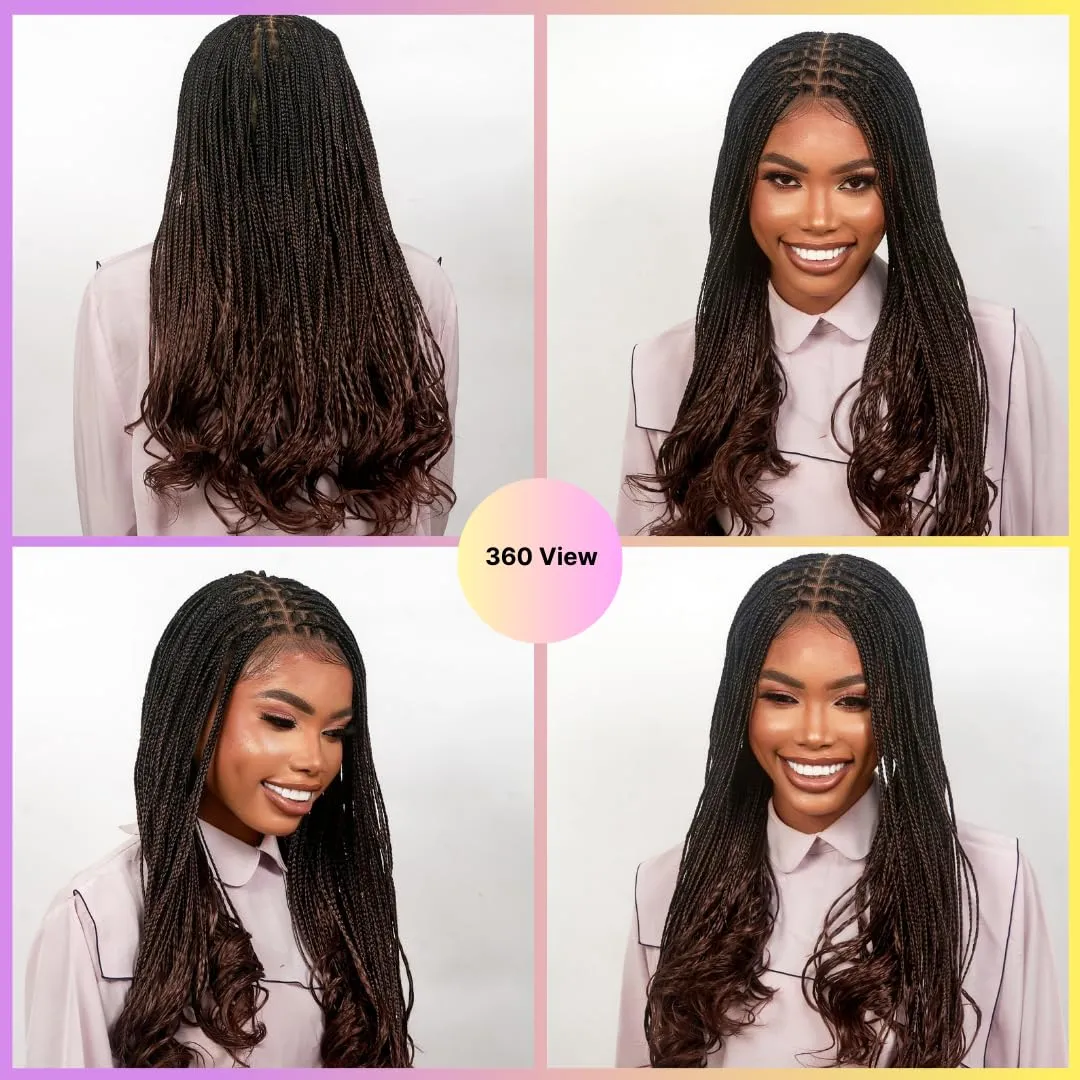 18" Full 360 HD Transparent Lace Front Knotless Braided French Curl Wig with Baby Hair and curly tips - Synthetic hand-made box braids wig for black women Strawberry blond