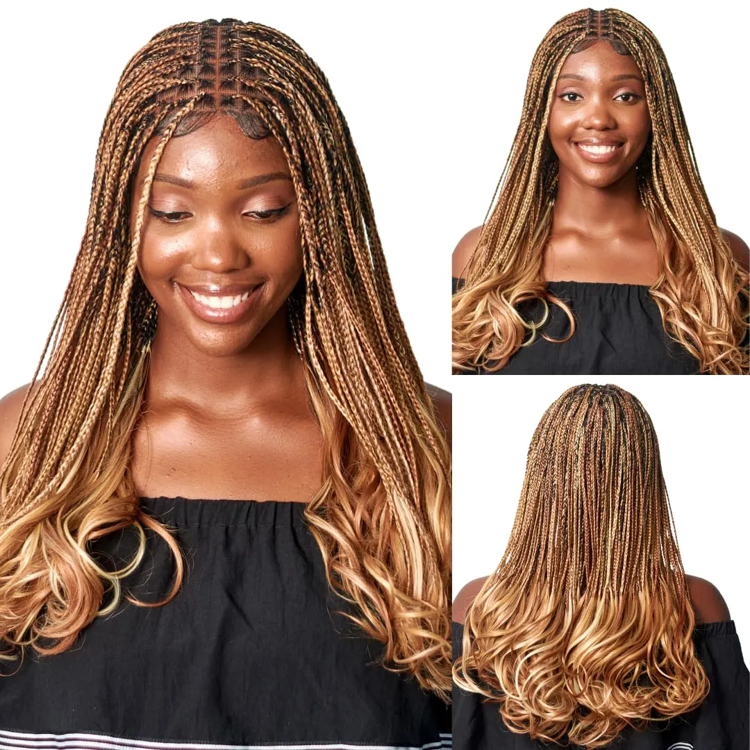 18" Full 360 HD Transparent Lace Front Knotless Braided French Curl Wig with Baby Hair and curly tips - Synthetic hand-made box braids wig for black women Strawberry blond