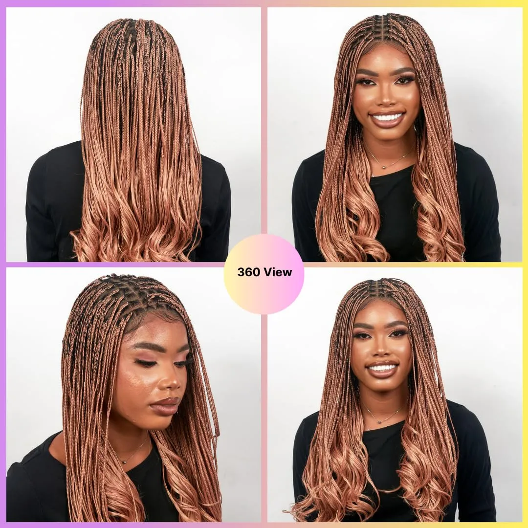 18" Full 360 HD Transparent Lace Front Knotless Braided French Curl Wig with Baby Hair and curly tips - Synthetic hand-made box braids wig for black women Strawberry blond