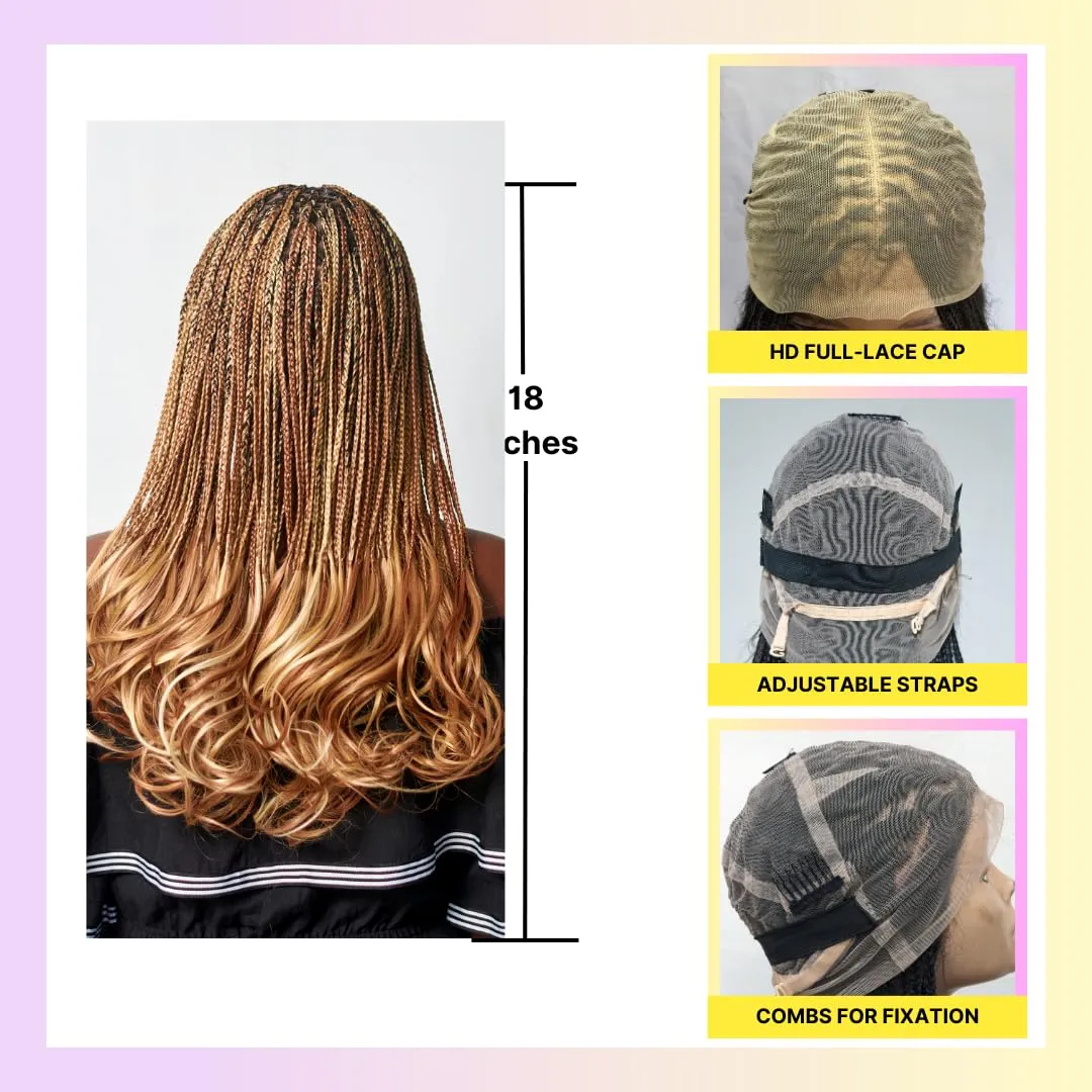 18" Full 360 HD Transparent Lace Front Knotless Braided French Curl Wig with Baby Hair and curly tips - Synthetic hand-made box braids wig for black women Strawberry blond