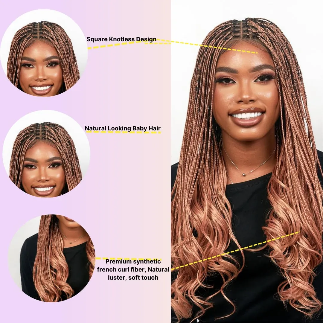 18" Full 360 HD Transparent Lace Front Knotless Braided French Curl Wig with Baby Hair and curly tips - Synthetic hand-made box braids wig for black women Strawberry blond