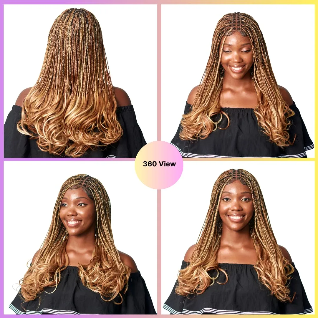 18" Full 360 HD Transparent Lace Front Knotless Braided French Curl Wig with Baby Hair and curly tips - Synthetic hand-made box braids wig for black women Strawberry blond