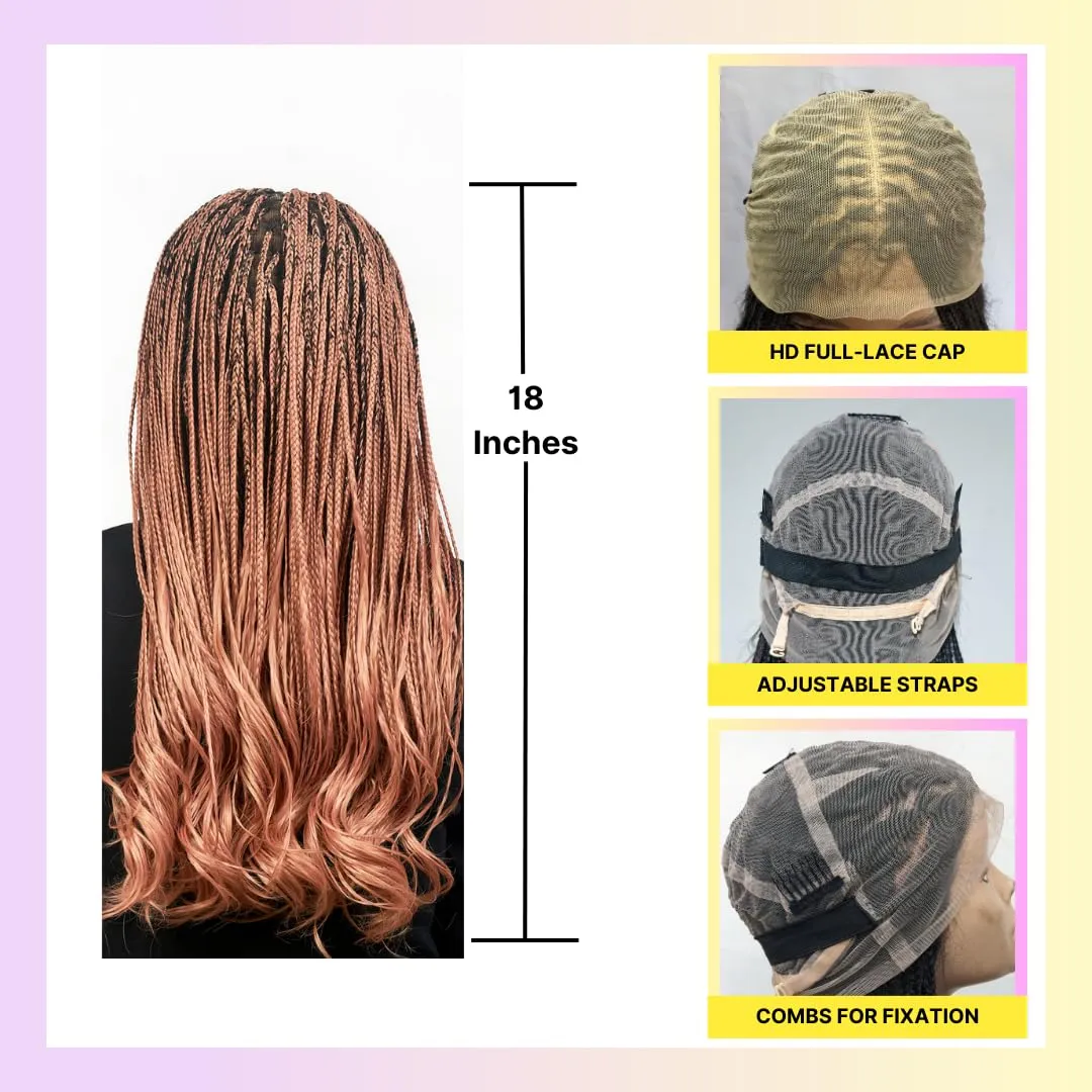 18" Full 360 HD Transparent Lace Front Knotless Braided French Curl Wig with Baby Hair and curly tips - Synthetic hand-made box braids wig for black women Strawberry blond
