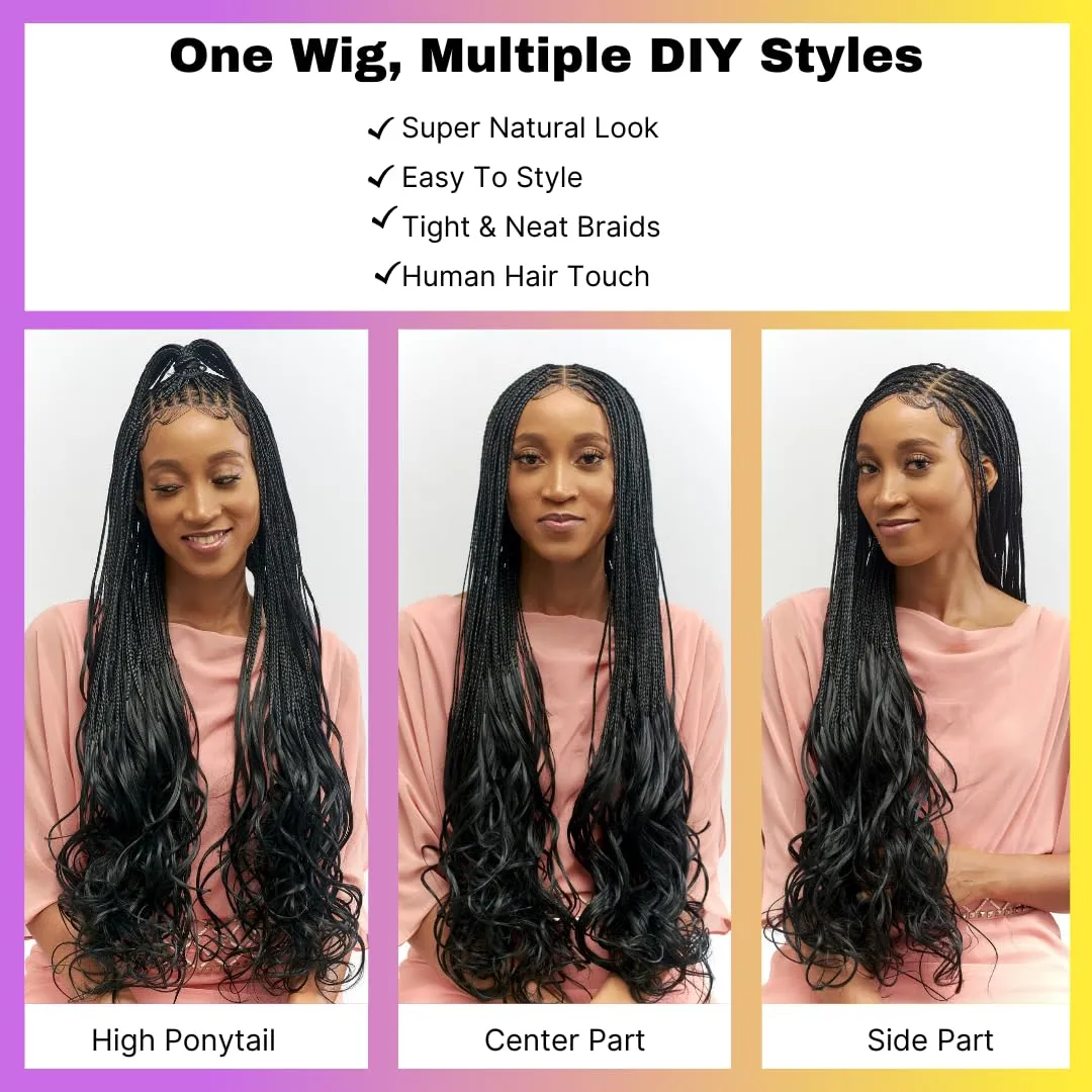 18" Full 360 HD Transparent Lace Front Knotless Braided French Curl Wig with Baby Hair and curly tips - Synthetic hand-made box braids wig for black women Strawberry blond